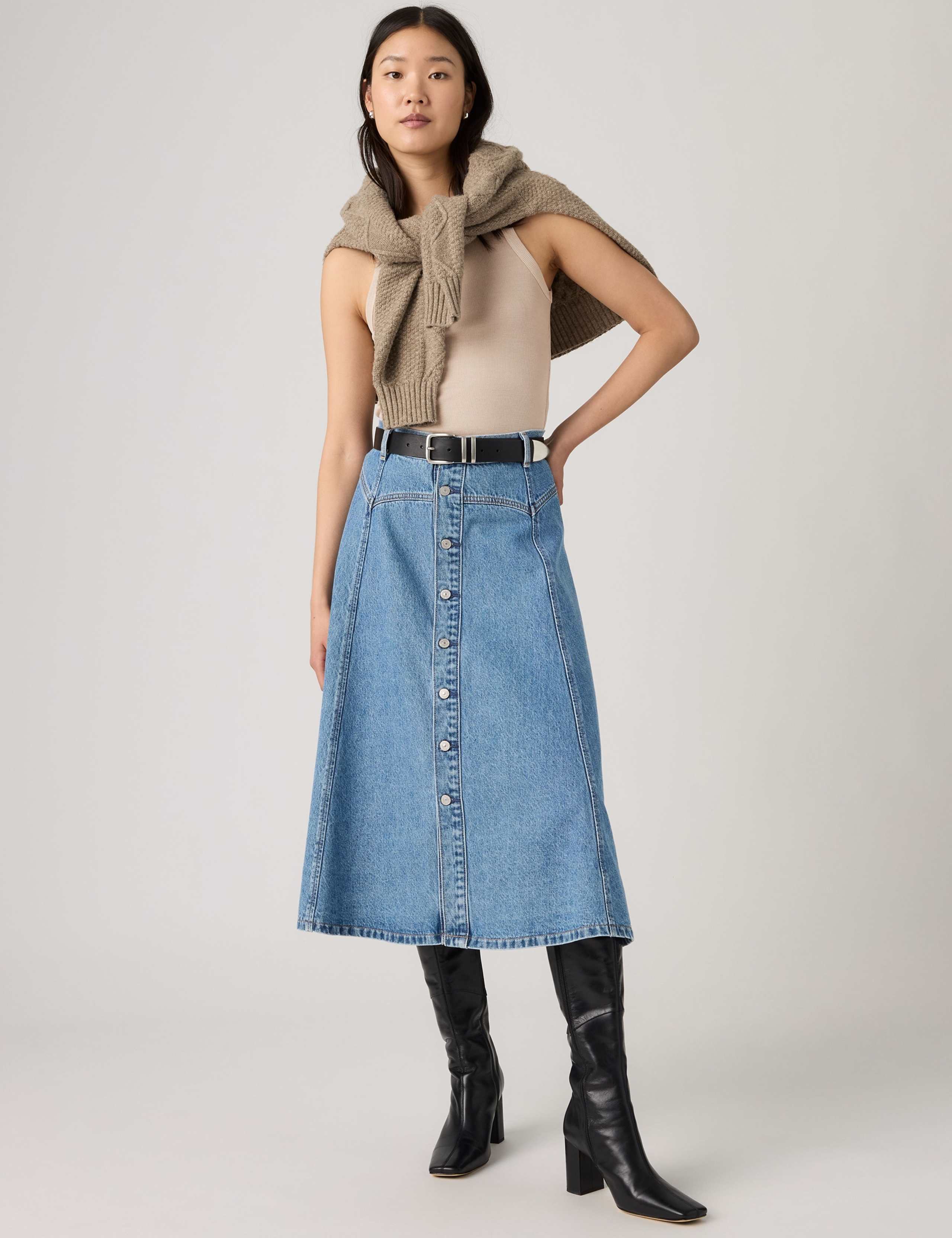 Denim Yoke Midi A-Line Skirt 4 of 7