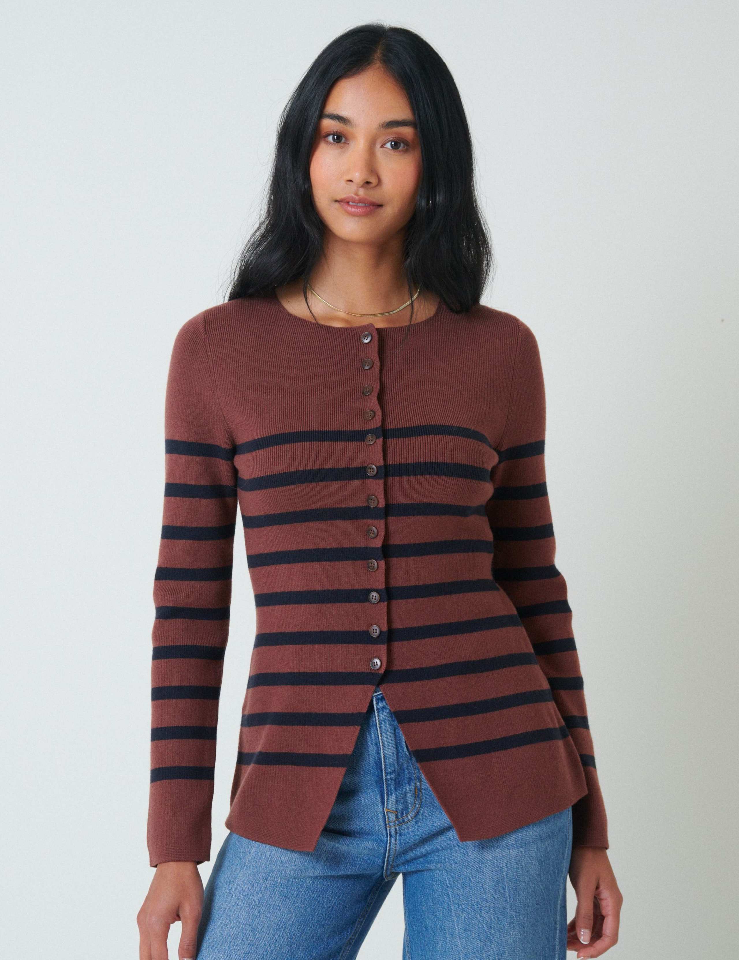 Striped Ribbed Crew Neck Fitted Cardigan 1 of 4