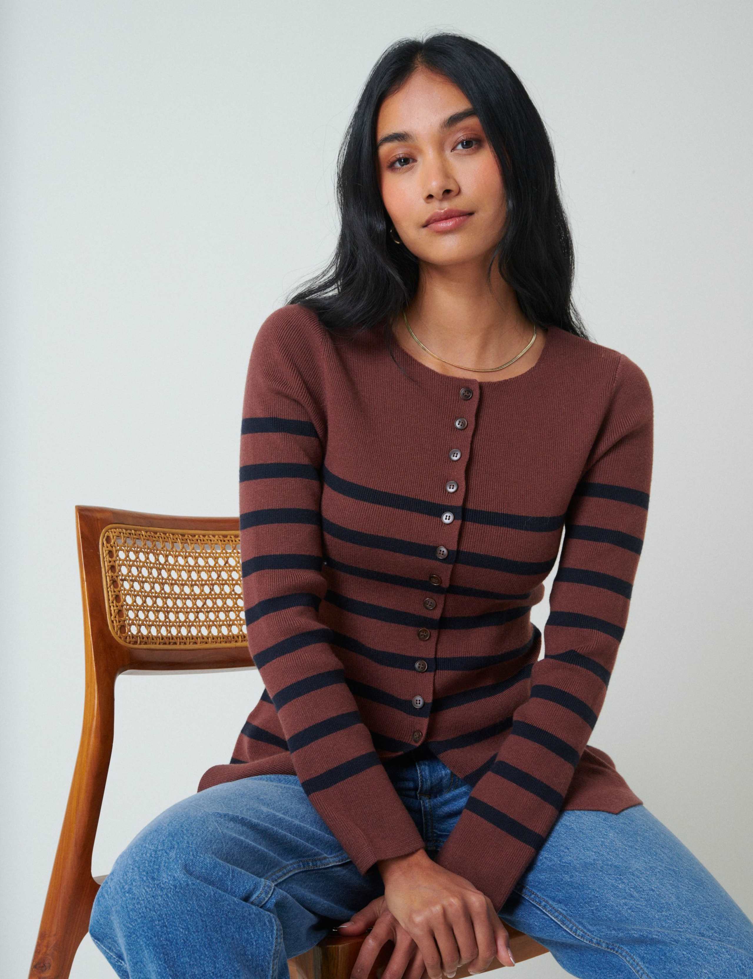 Striped Ribbed Crew Neck Fitted Cardigan 2 of 4