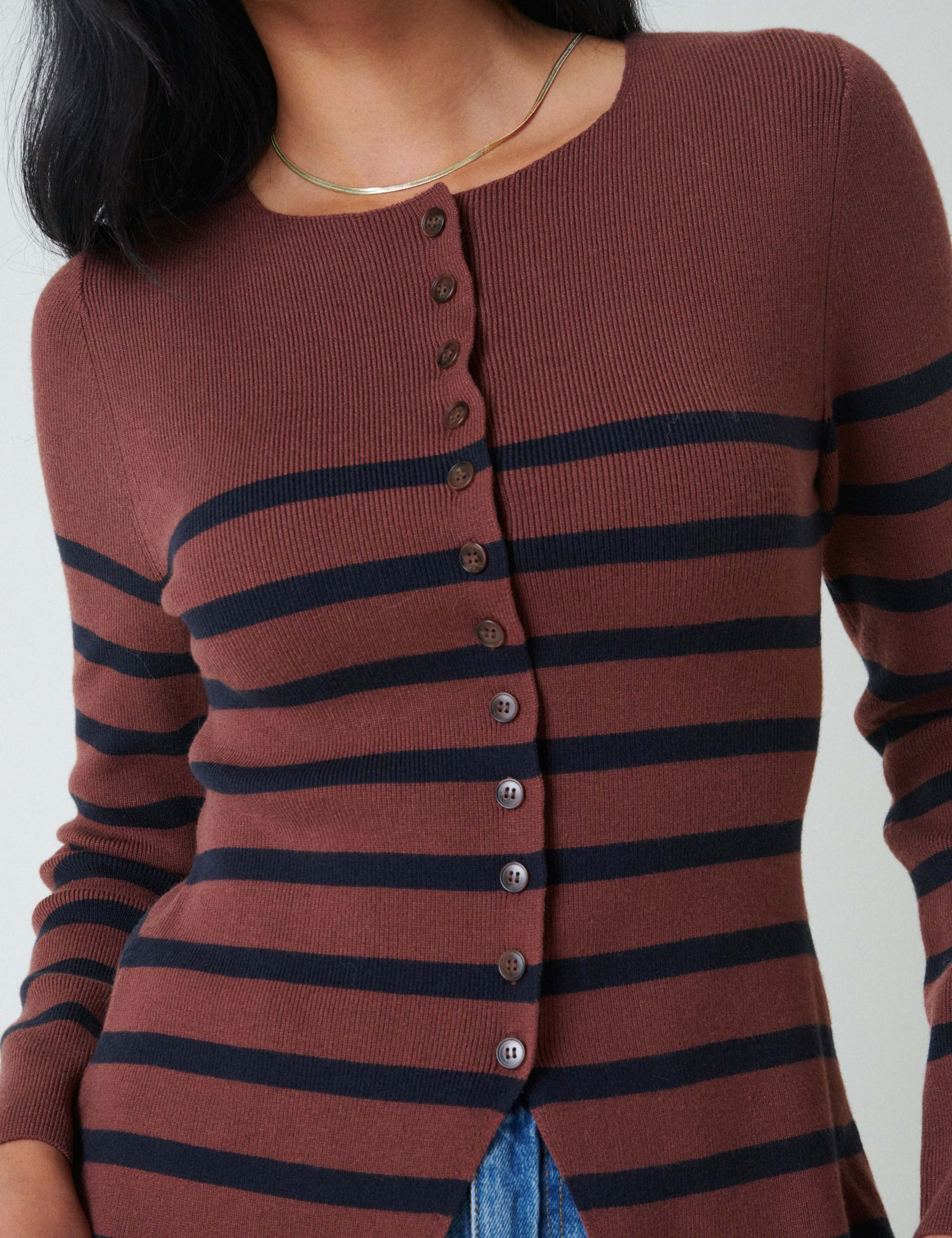 Striped Ribbed Crew Neck Fitted Cardigan 4 of 4
