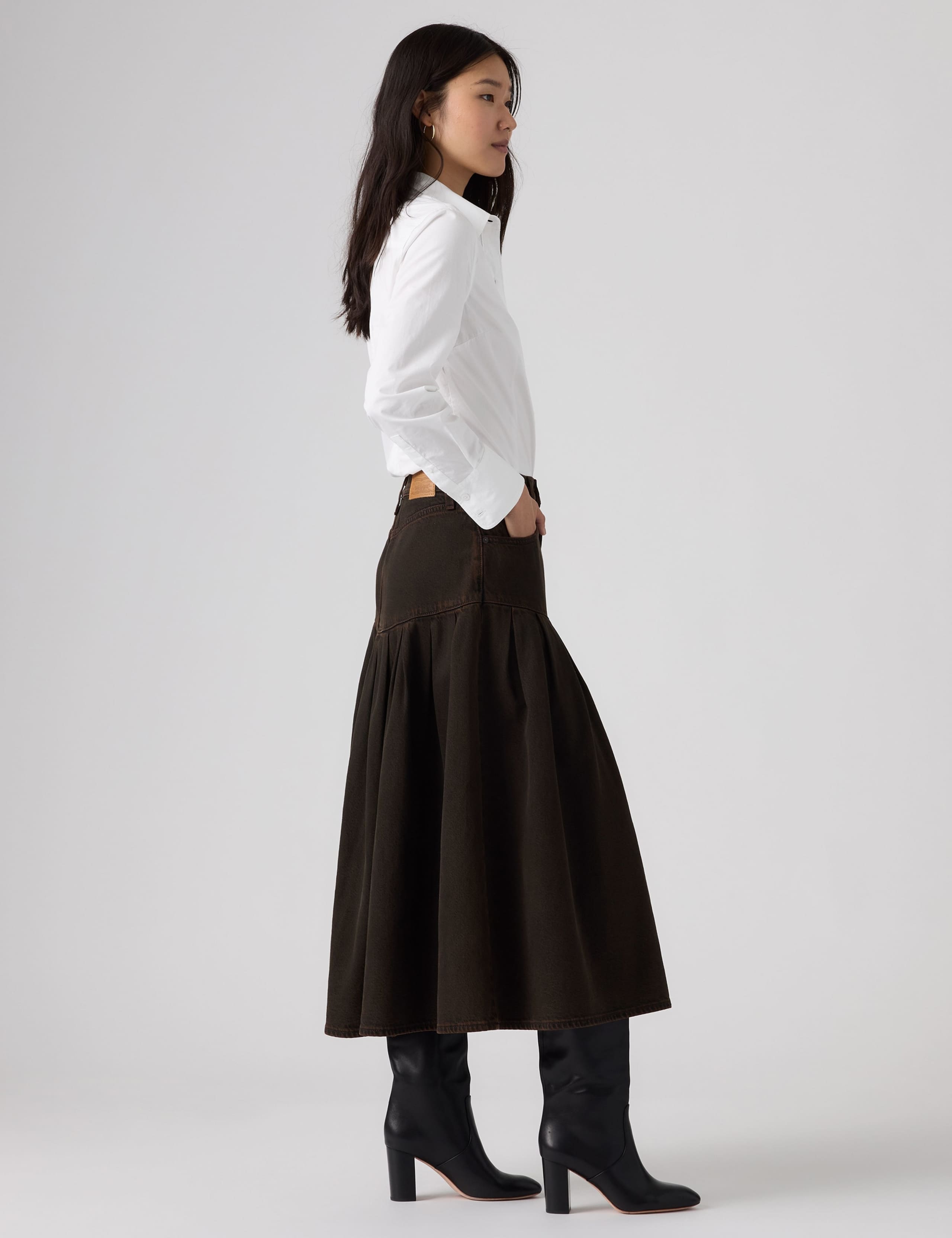 Denim Pleated Yoke Midi Skirt 2 of 5