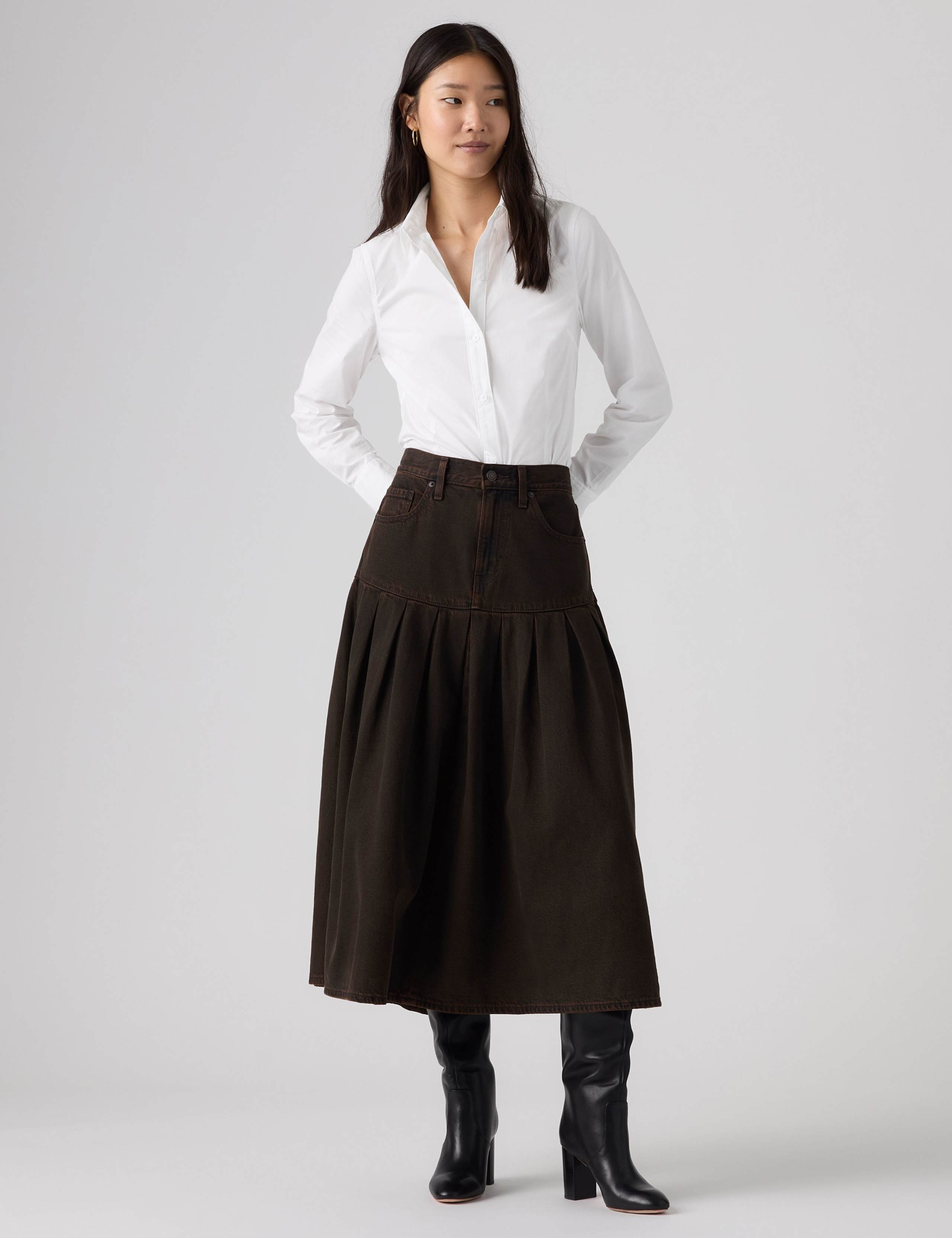 Denim Pleated Yoke Midi Skirt 3 of 5
