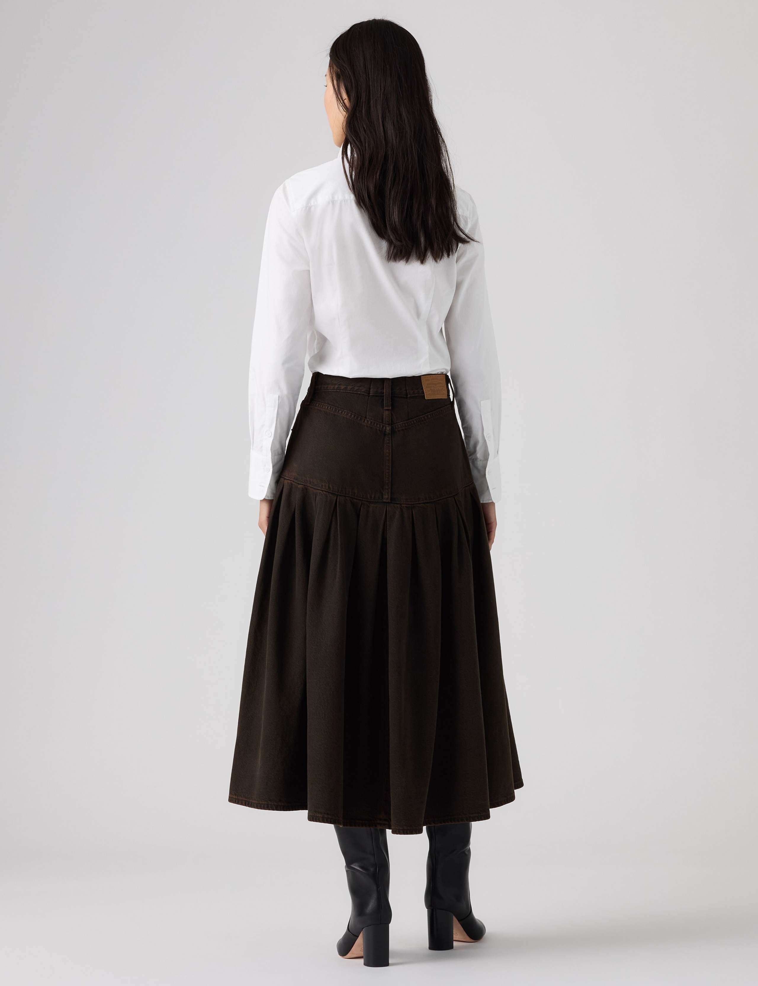 Denim Pleated Yoke Midi Skirt 4 of 5