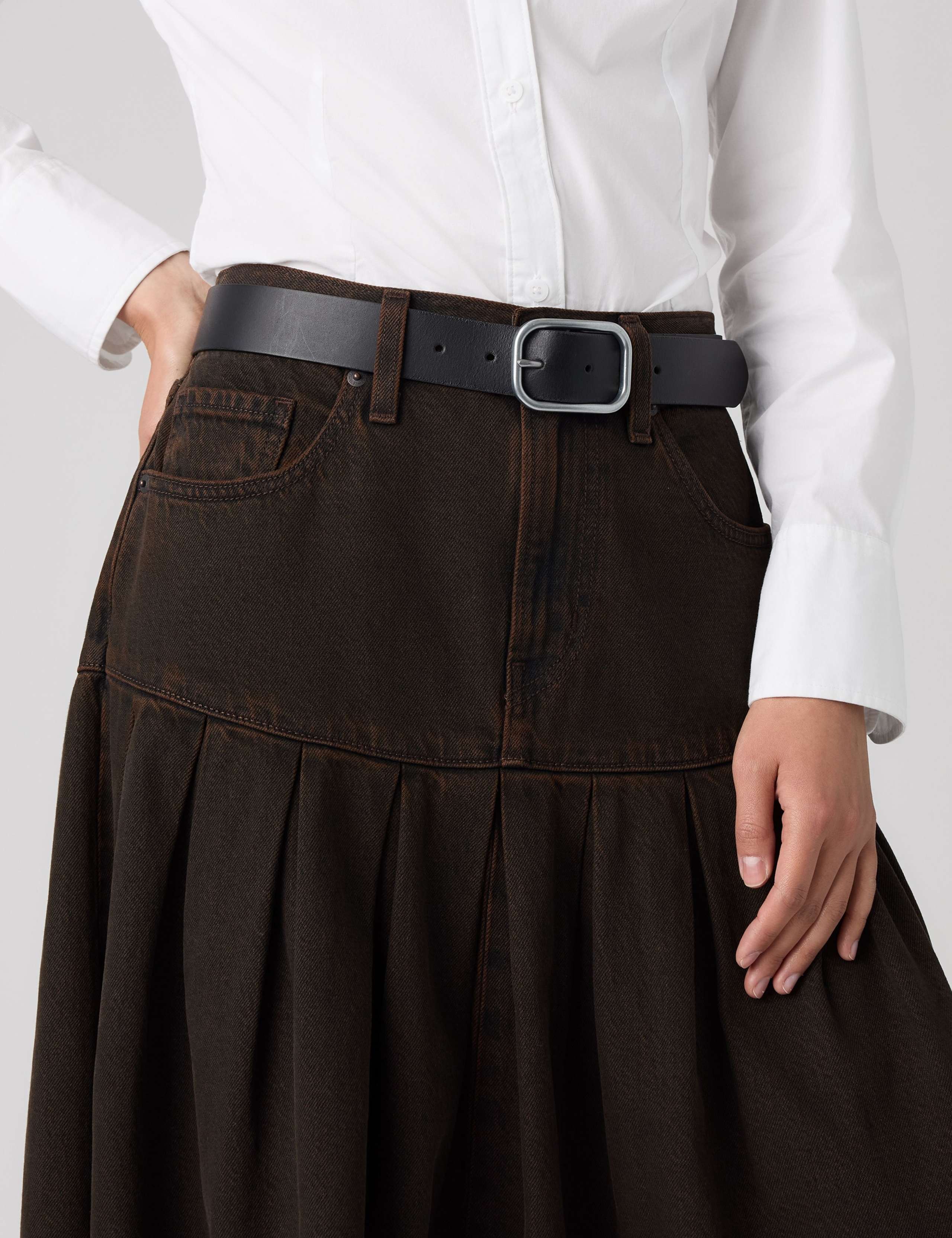 Denim Pleated Yoke Midi Skirt 5 of 5