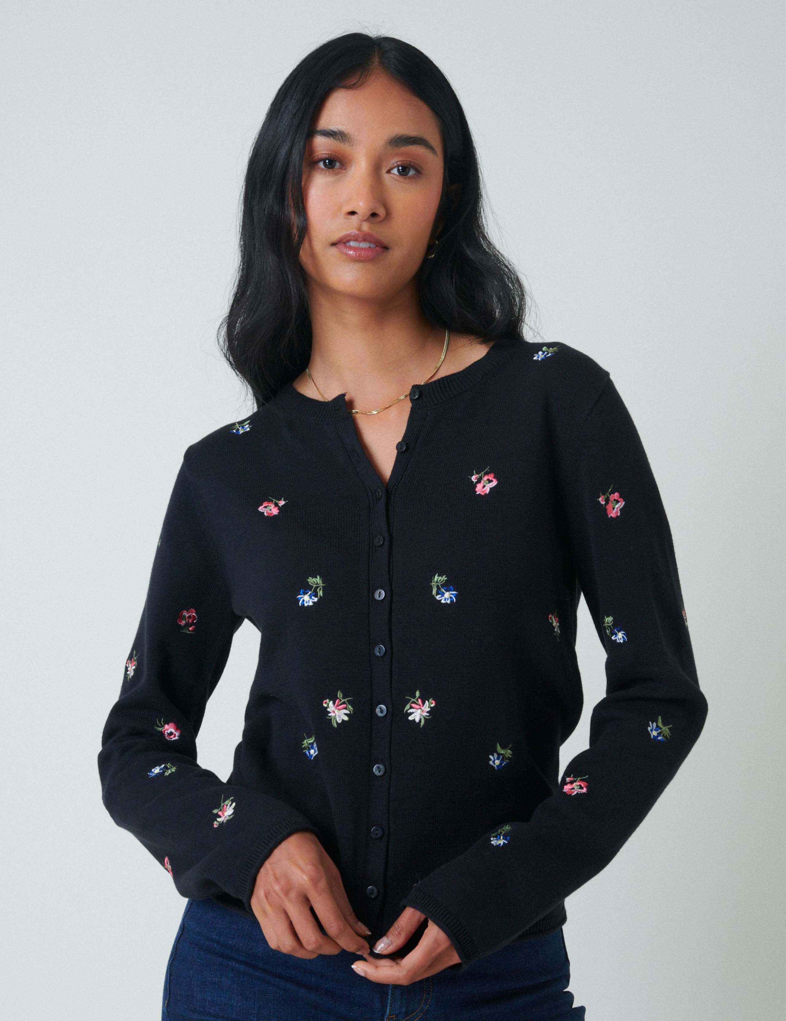 Pure Cotton Embroidered Ditsy Fitted Cardigan 1 of 3