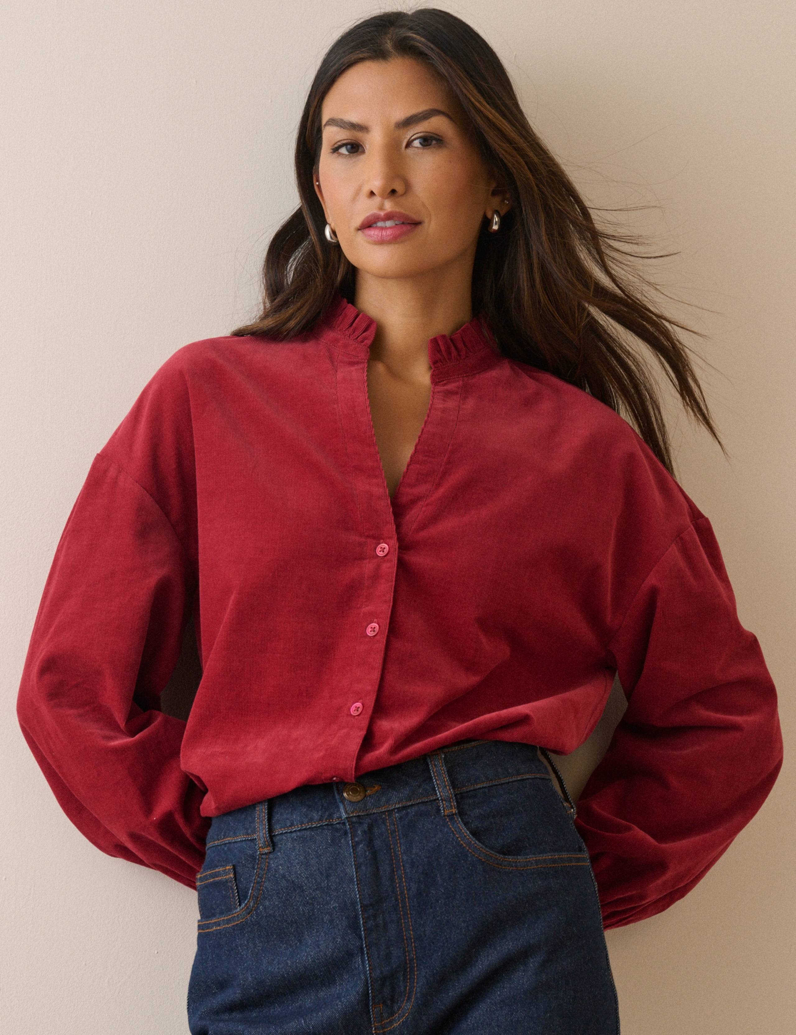 Pure Cotton Cord Frill Neck Blouse 1 of 5