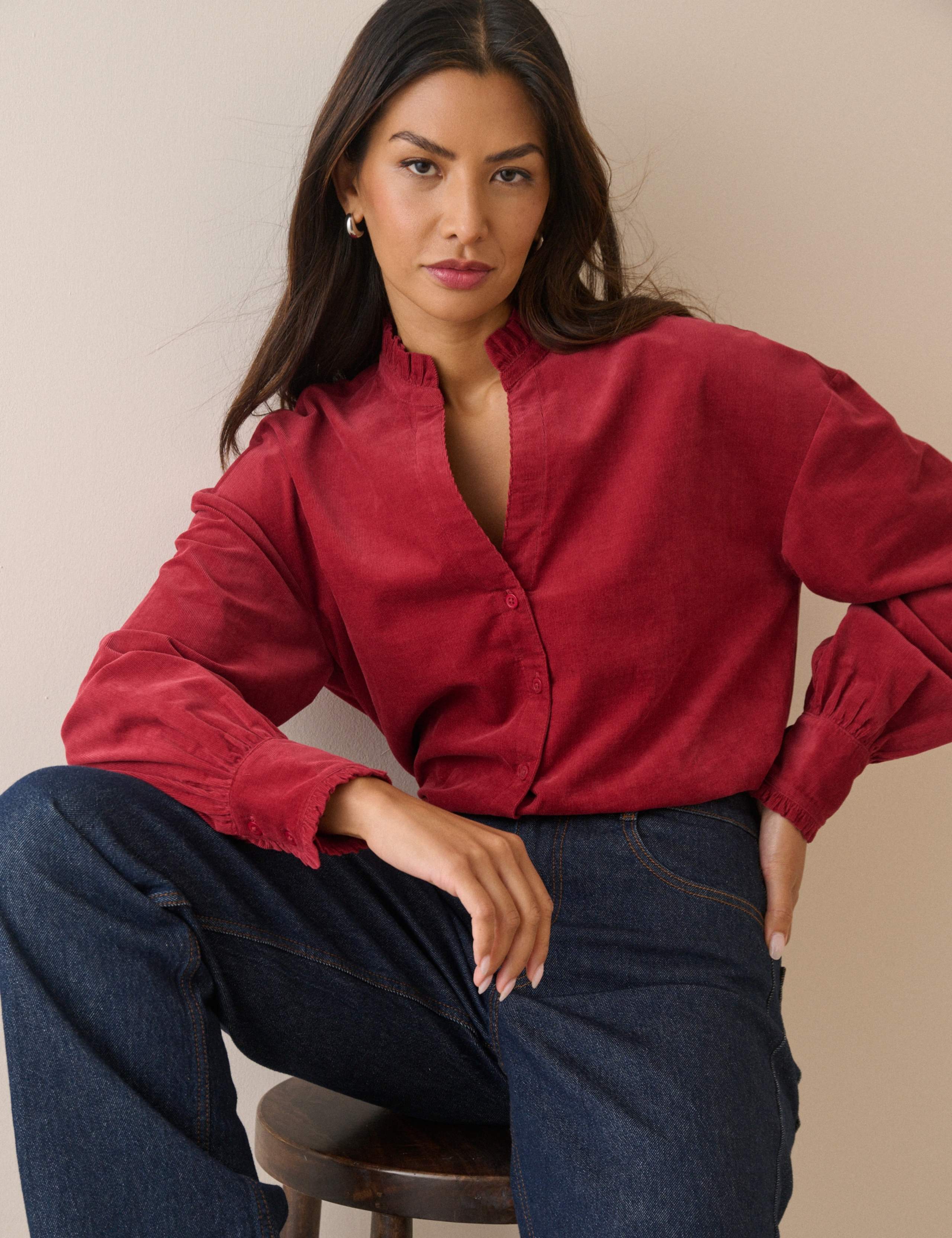 Pure Cotton Cord Frill Neck Blouse 3 of 5