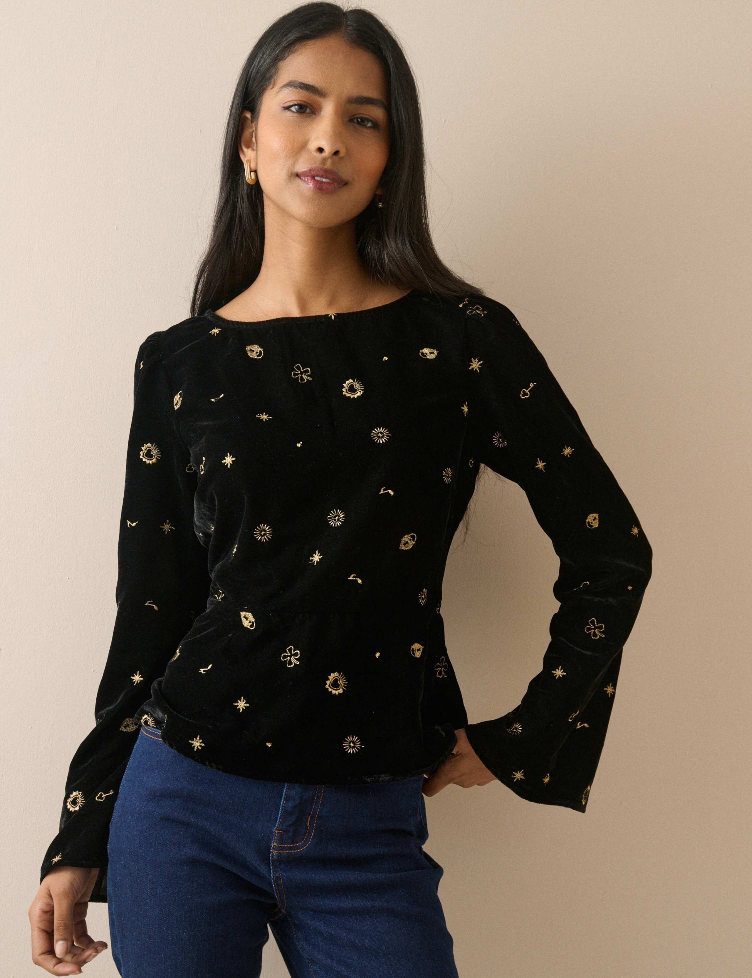 Embroidered Slash Neck Flute Sleeve Blouse 1 of 5