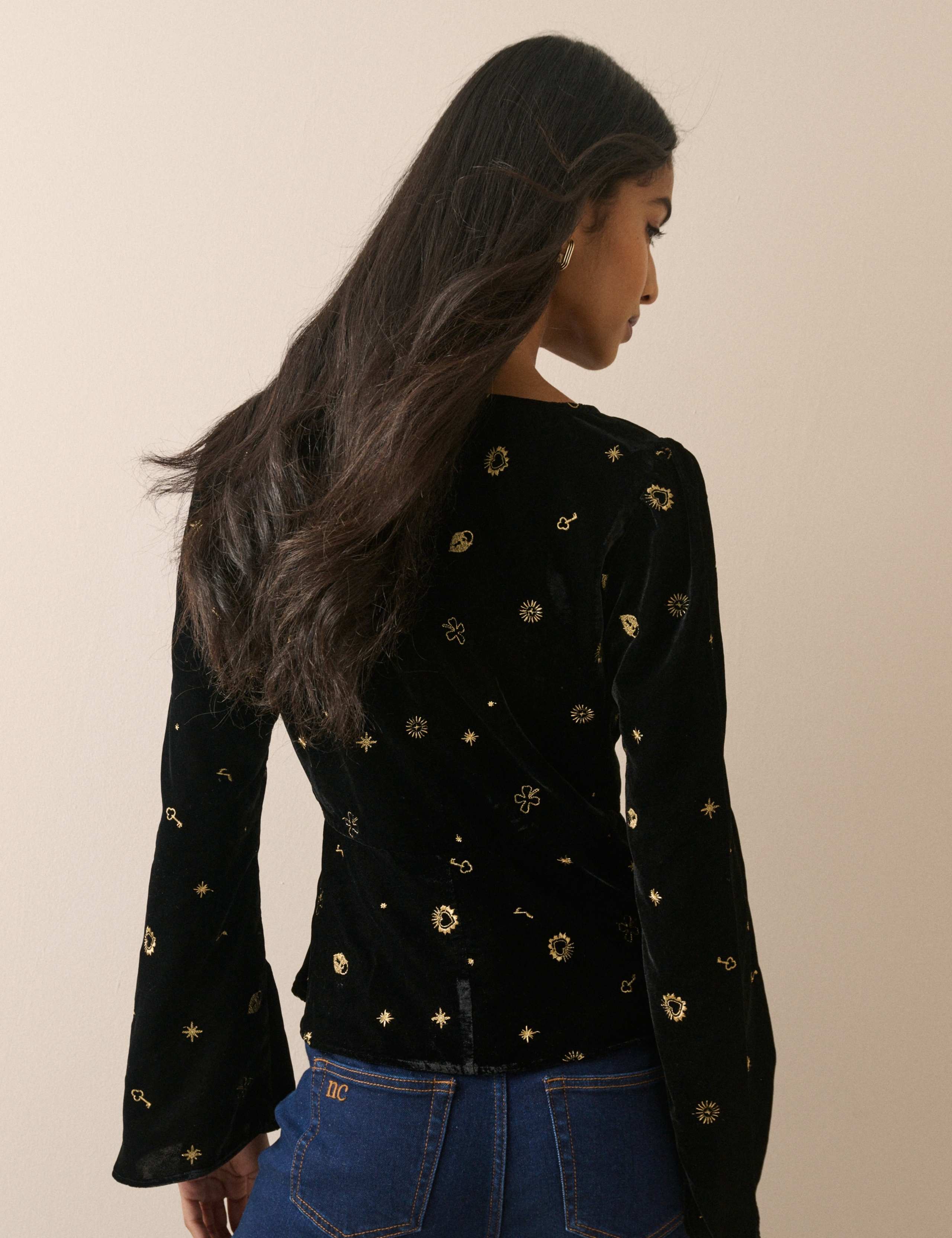 Embroidered Slash Neck Flute Sleeve Blouse 2 of 5
