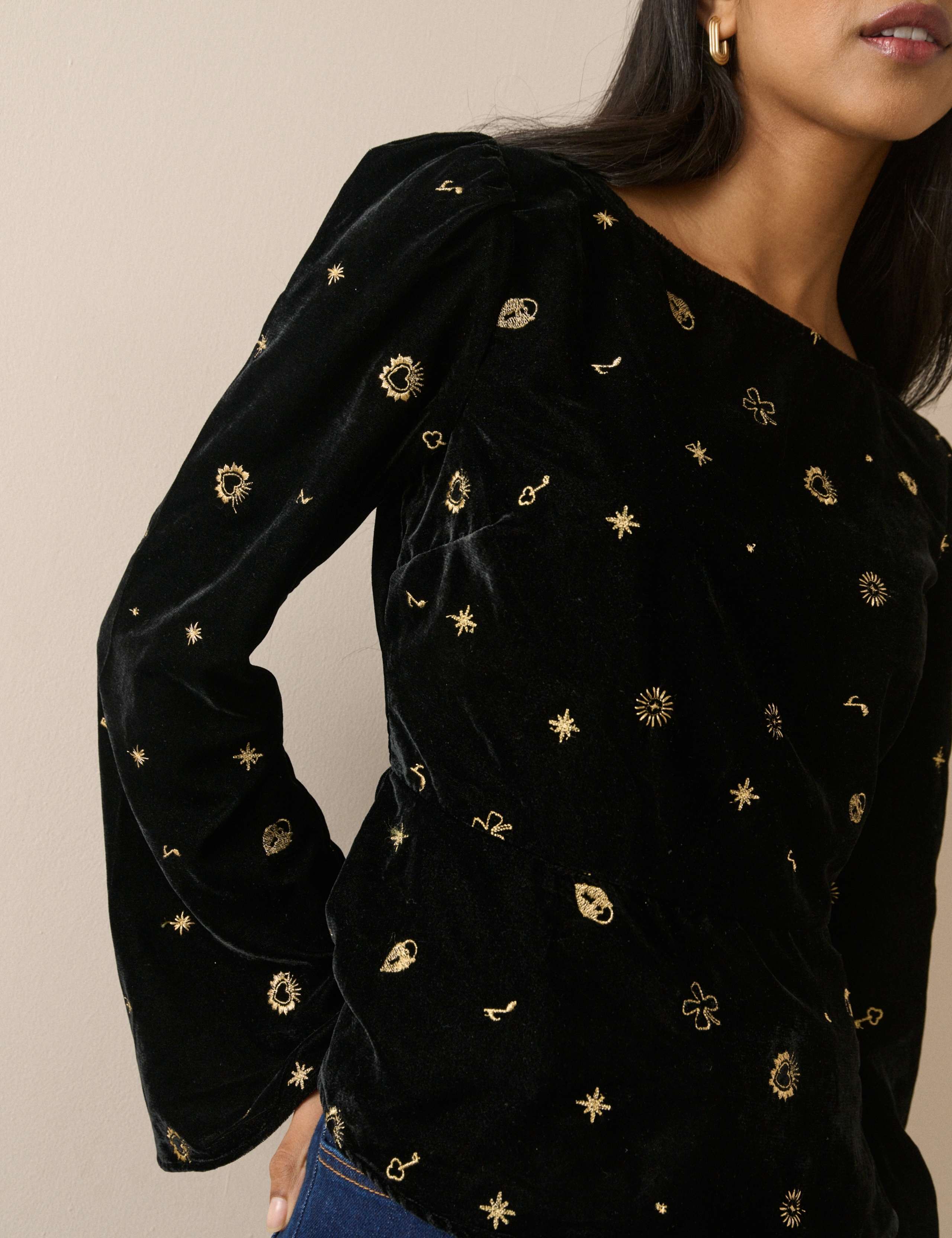 Embroidered Slash Neck Flute Sleeve Blouse 4 of 5