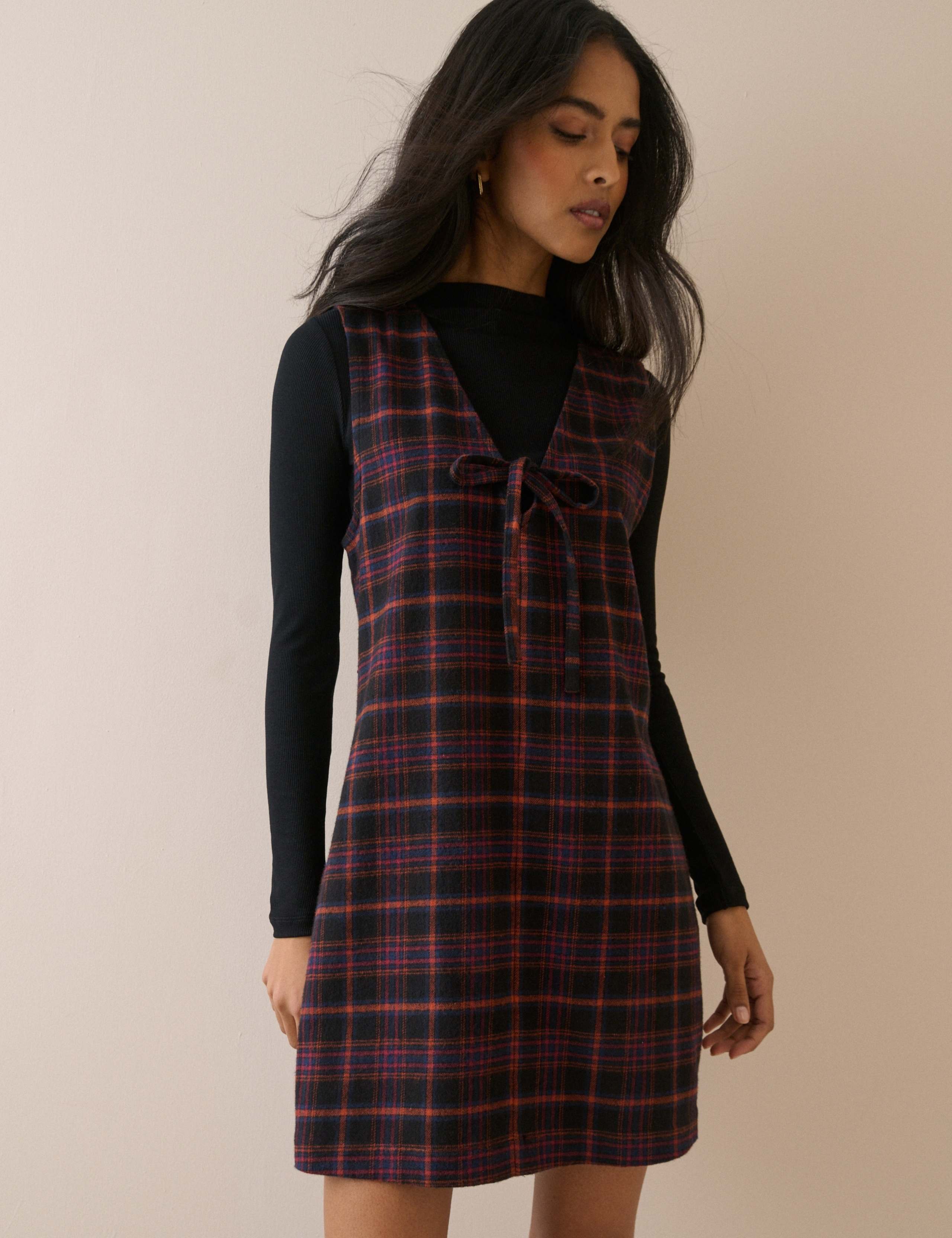 Pure Cotton Checked V-Neck Mini Dress 1 of 5