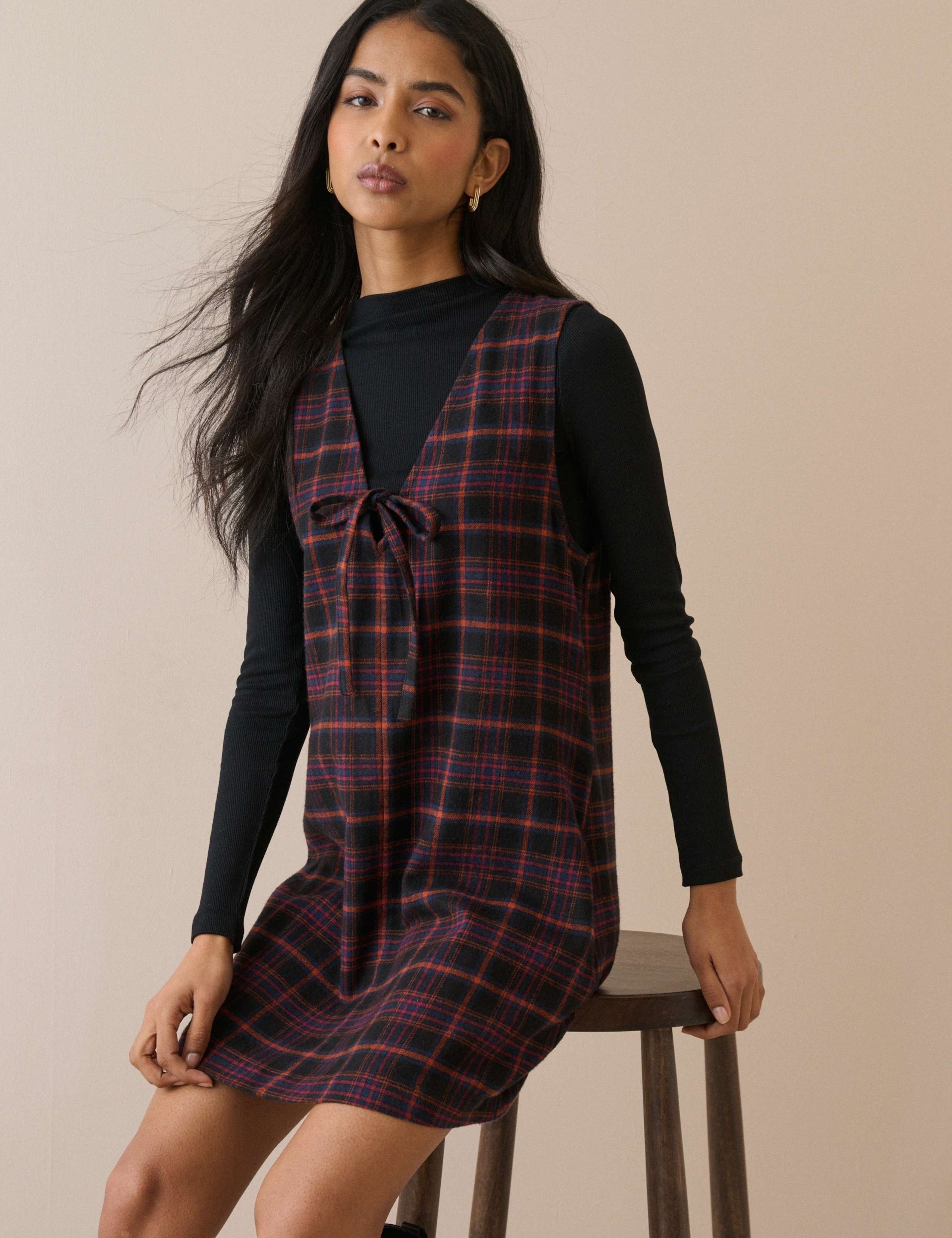 Pure Cotton Checked V-Neck Mini Dress 4 of 5