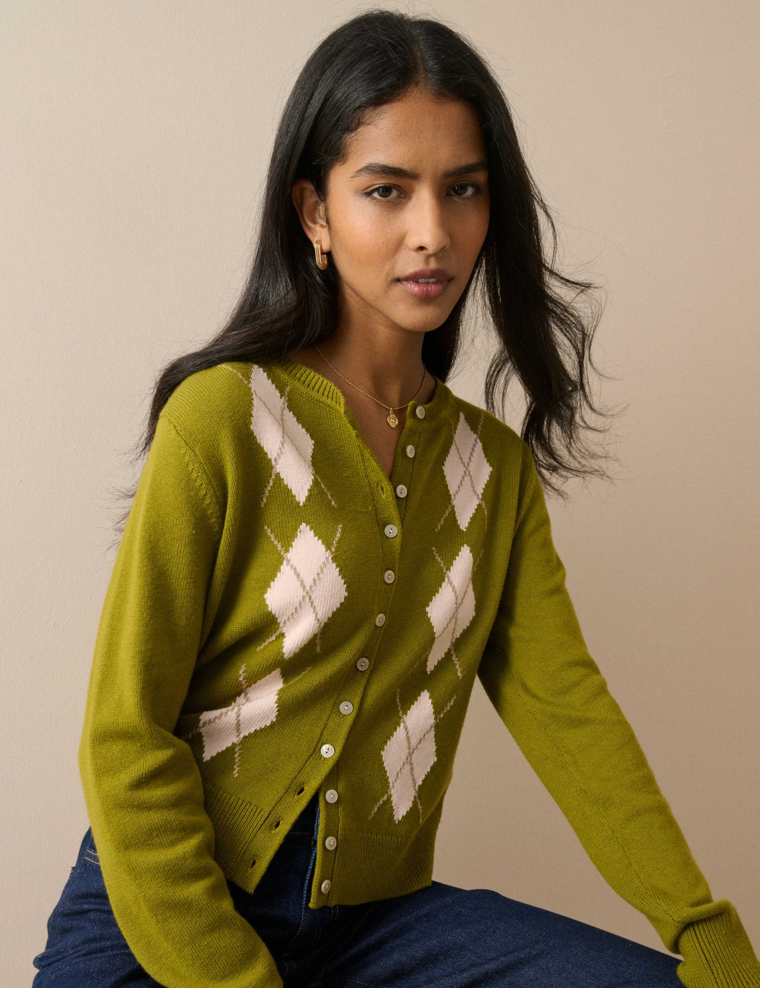 Cotton With Wool Argyle Crew Neck Cardigan 3 of 5