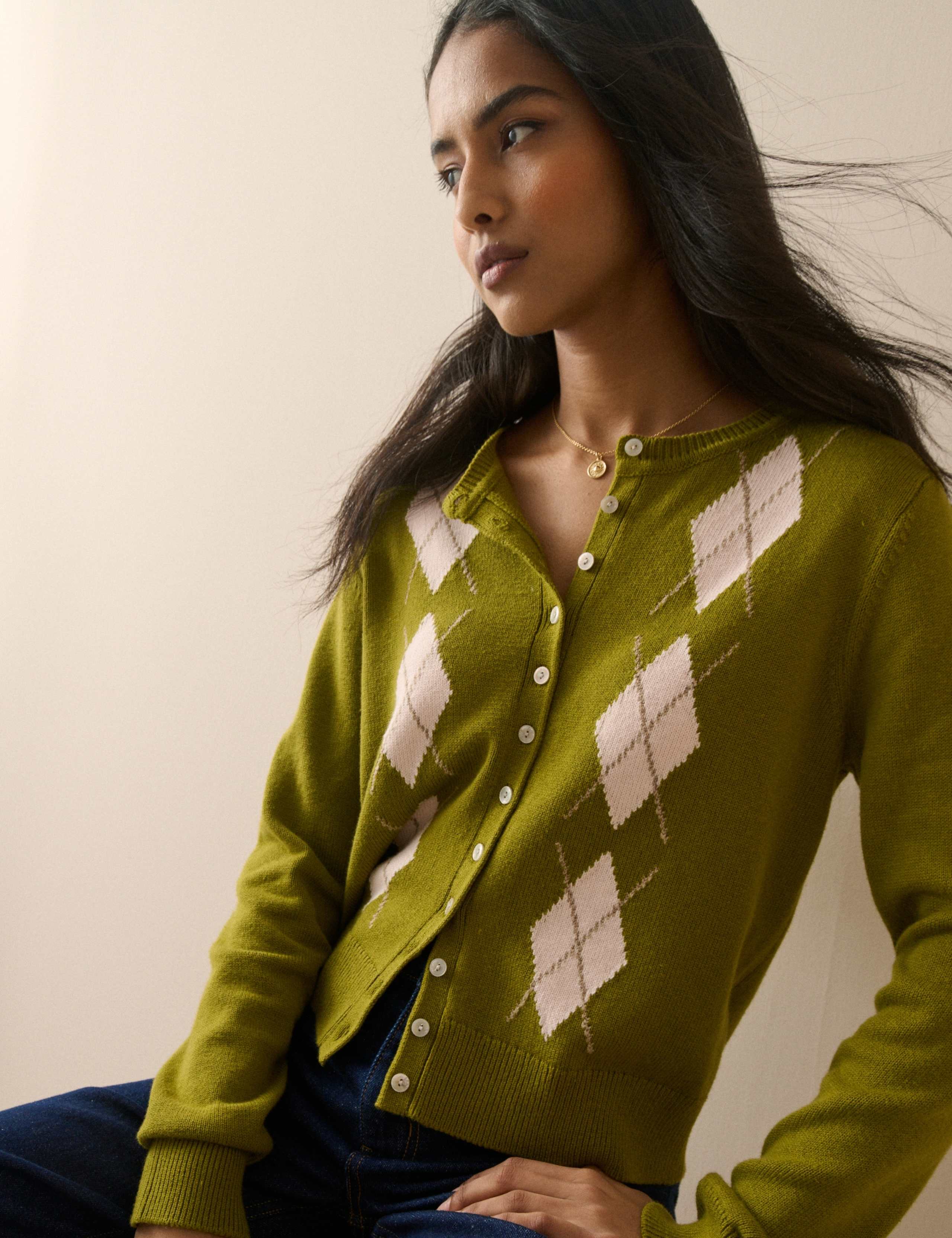 Cotton With Wool Argyle Crew Neck Cardigan 4 of 5
