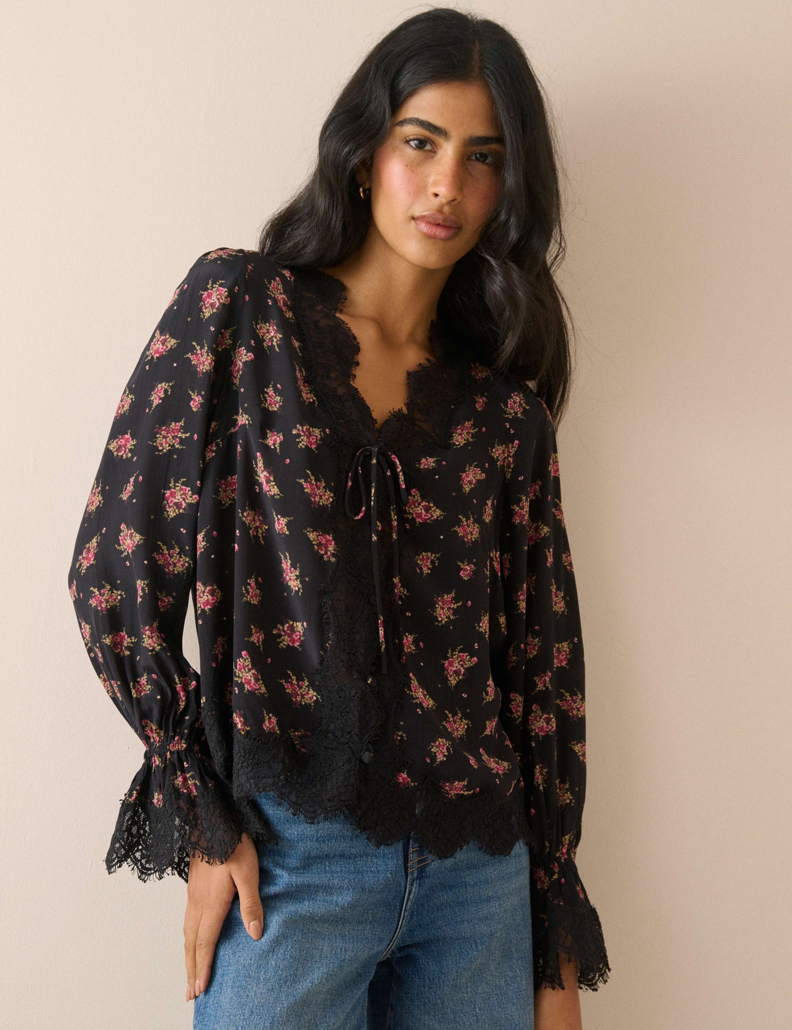 Floral V-Neck Lace Detail Blouse 1 of 5