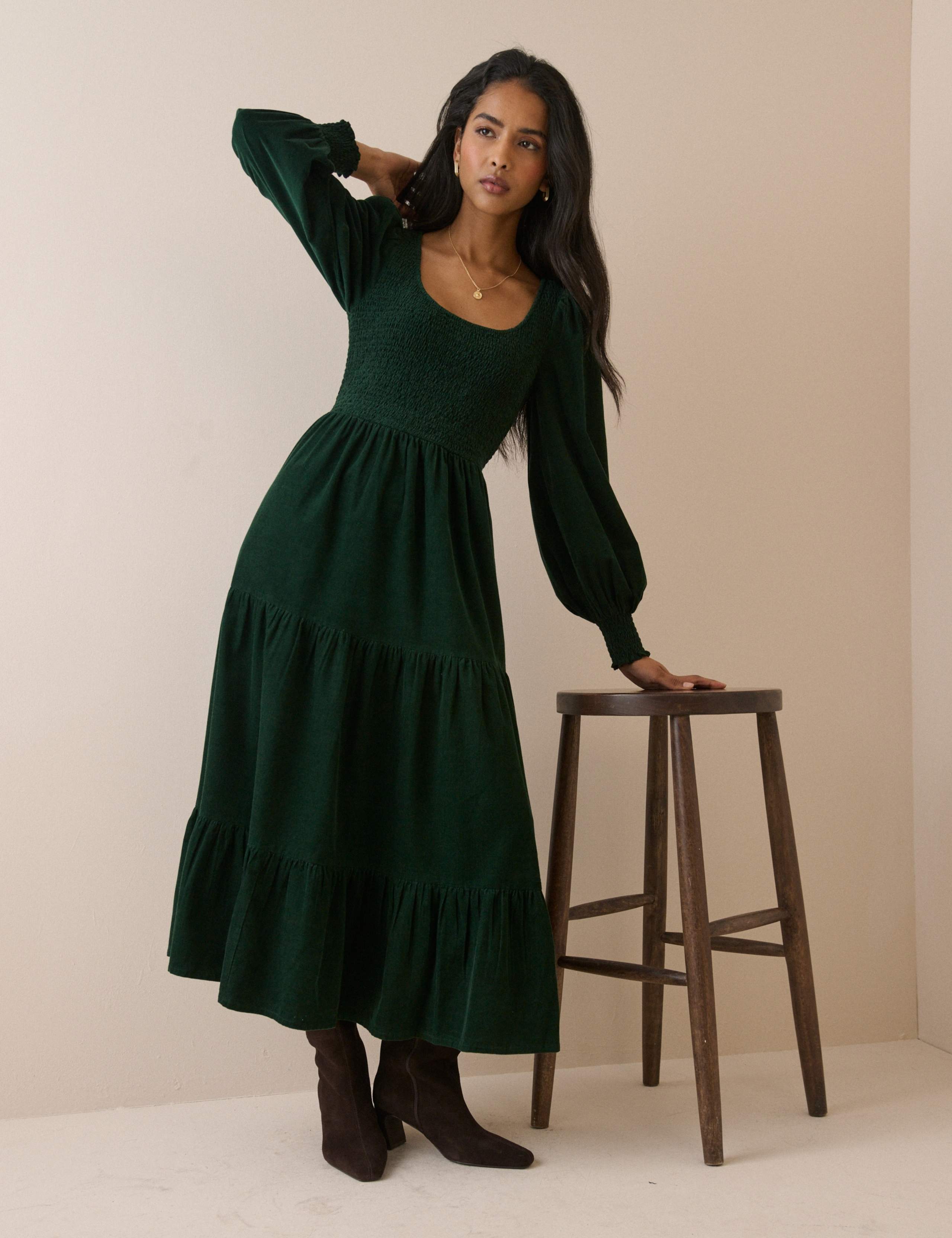 Cord Puff Sleeve Midi Waisted Dress 1 of 5