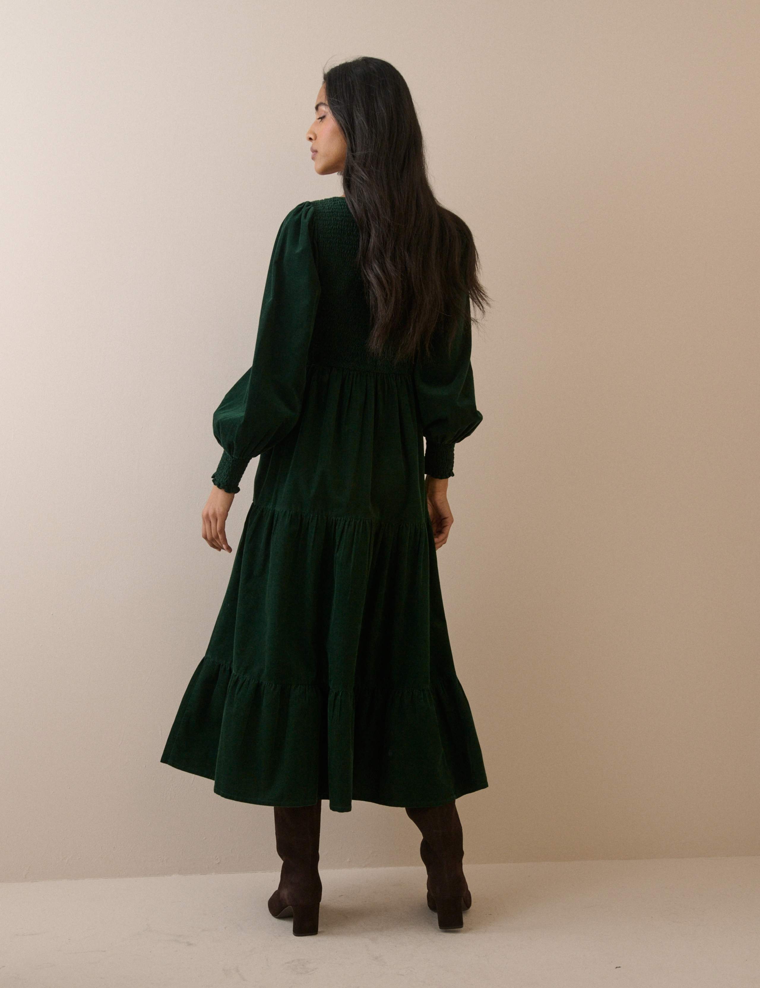 Cord Puff Sleeve Midi Waisted Dress 2 of 5