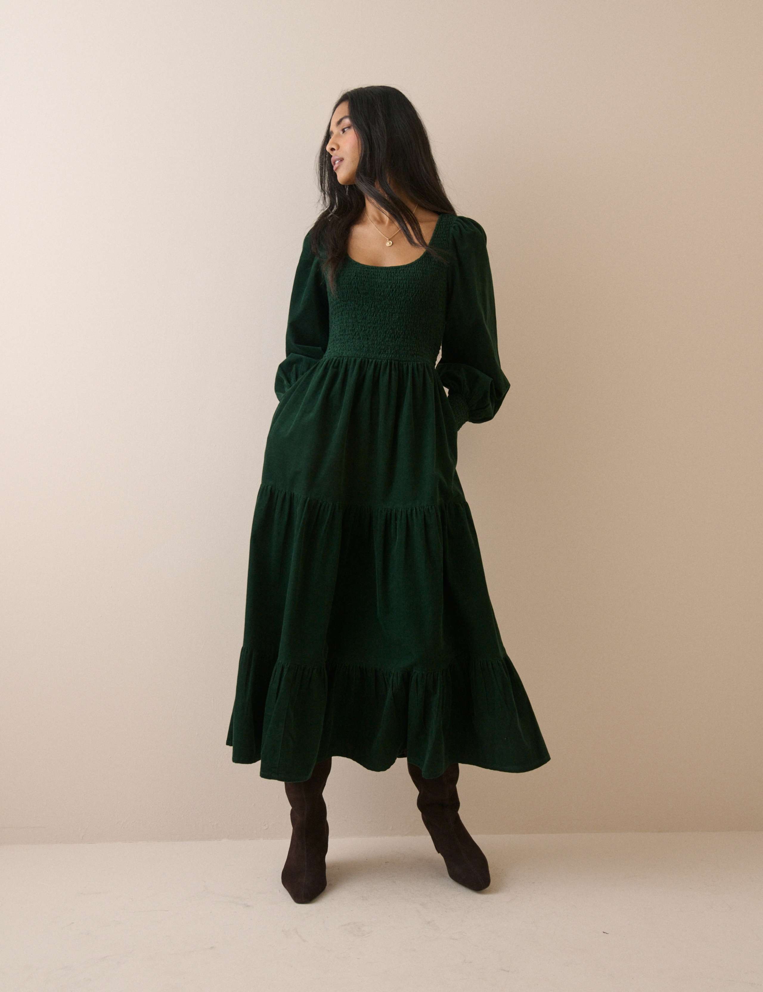 Cord Puff Sleeve Midi Waisted Dress 3 of 5