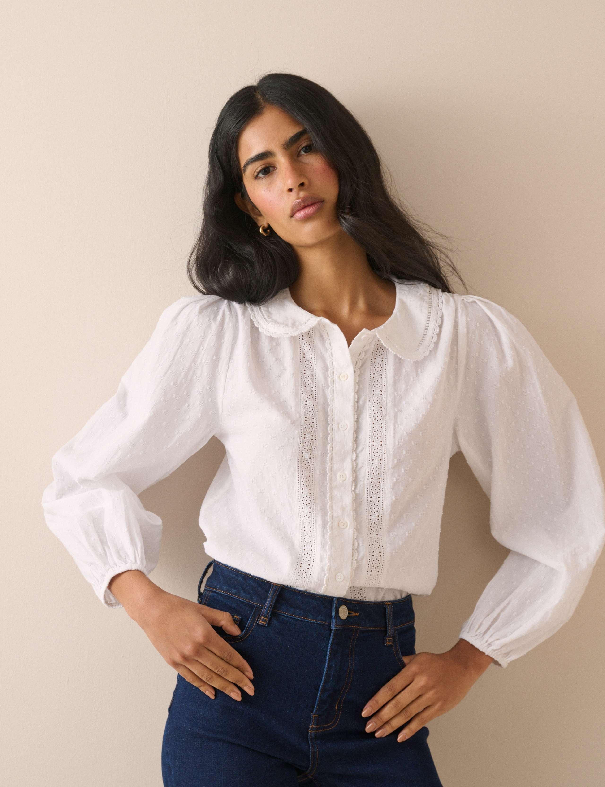 Pure Cotton Embroidered Peter Pan Collar Blouse 1 of 5