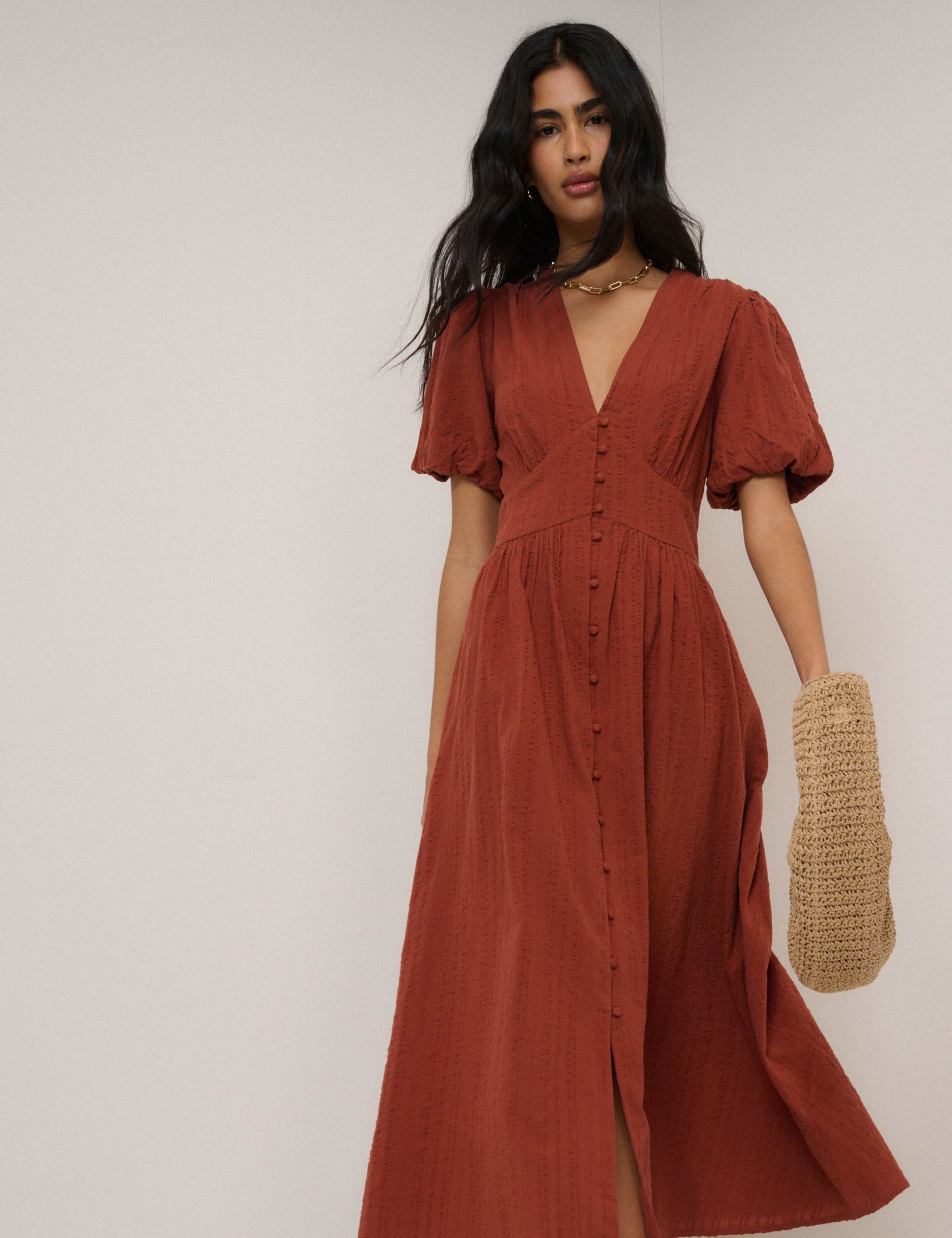 Pure Cotton V-Neck Midaxi Waisted Dress 1 of 5