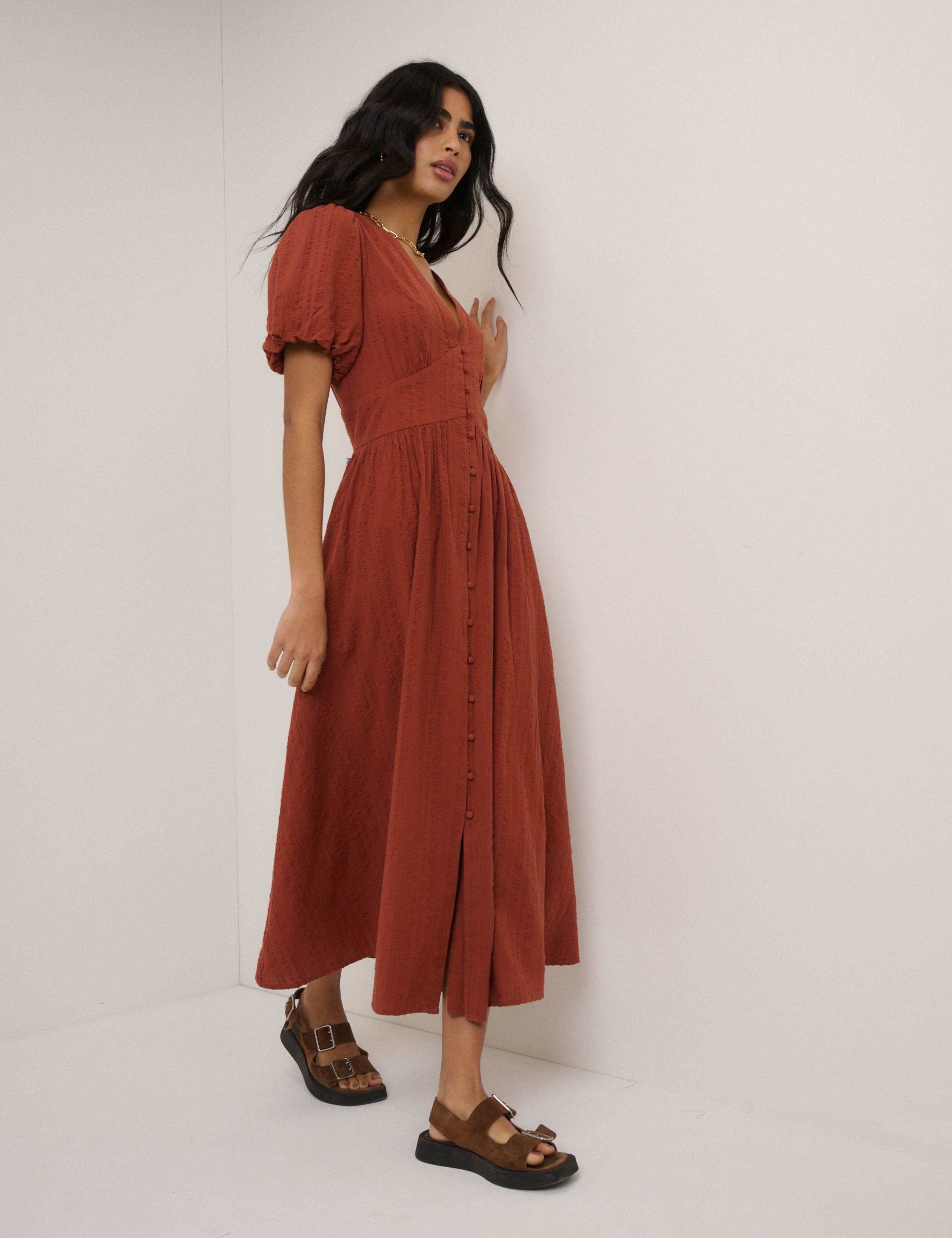 Pure Cotton V-Neck Midaxi Waisted Dress 4 of 5