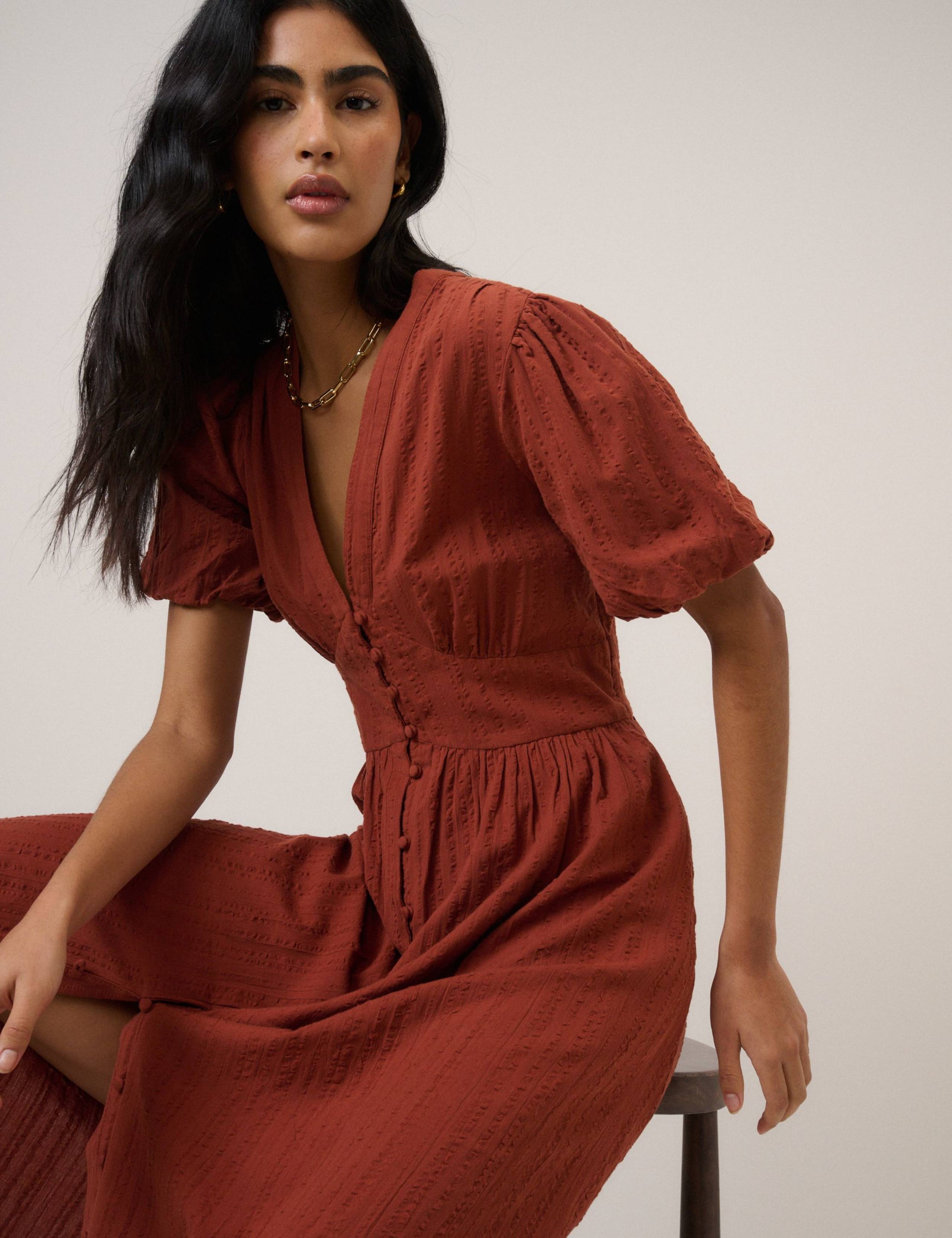 Pure Cotton V-Neck Midaxi Waisted Dress 5 of 5