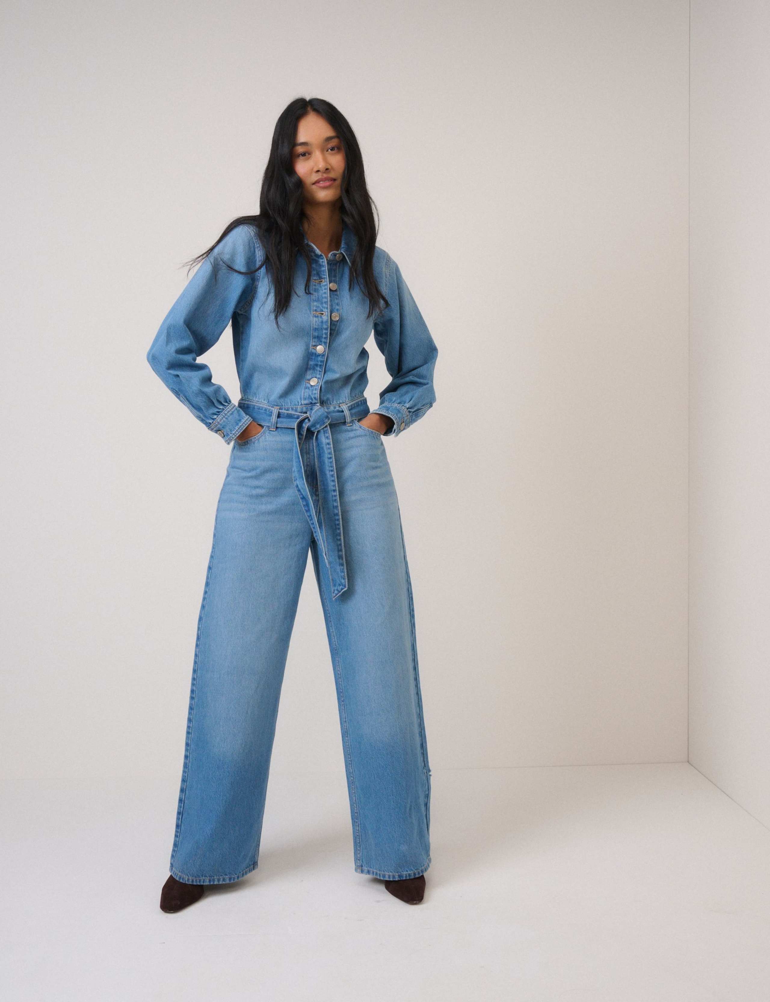 Denim Button Front Long Sleeve Jumpsuit 1 of 5