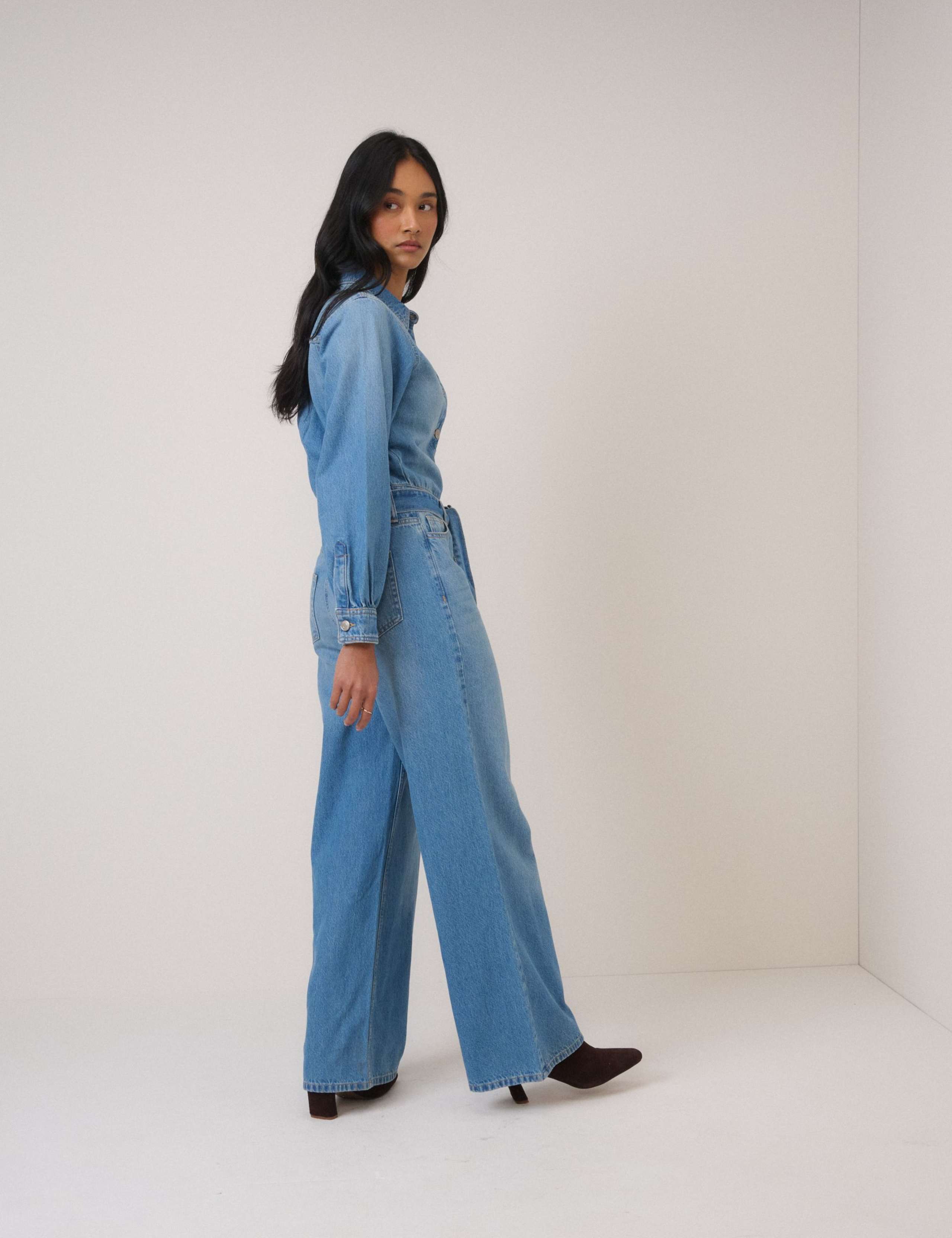 Denim Button Front Long Sleeve Jumpsuit 2 of 5