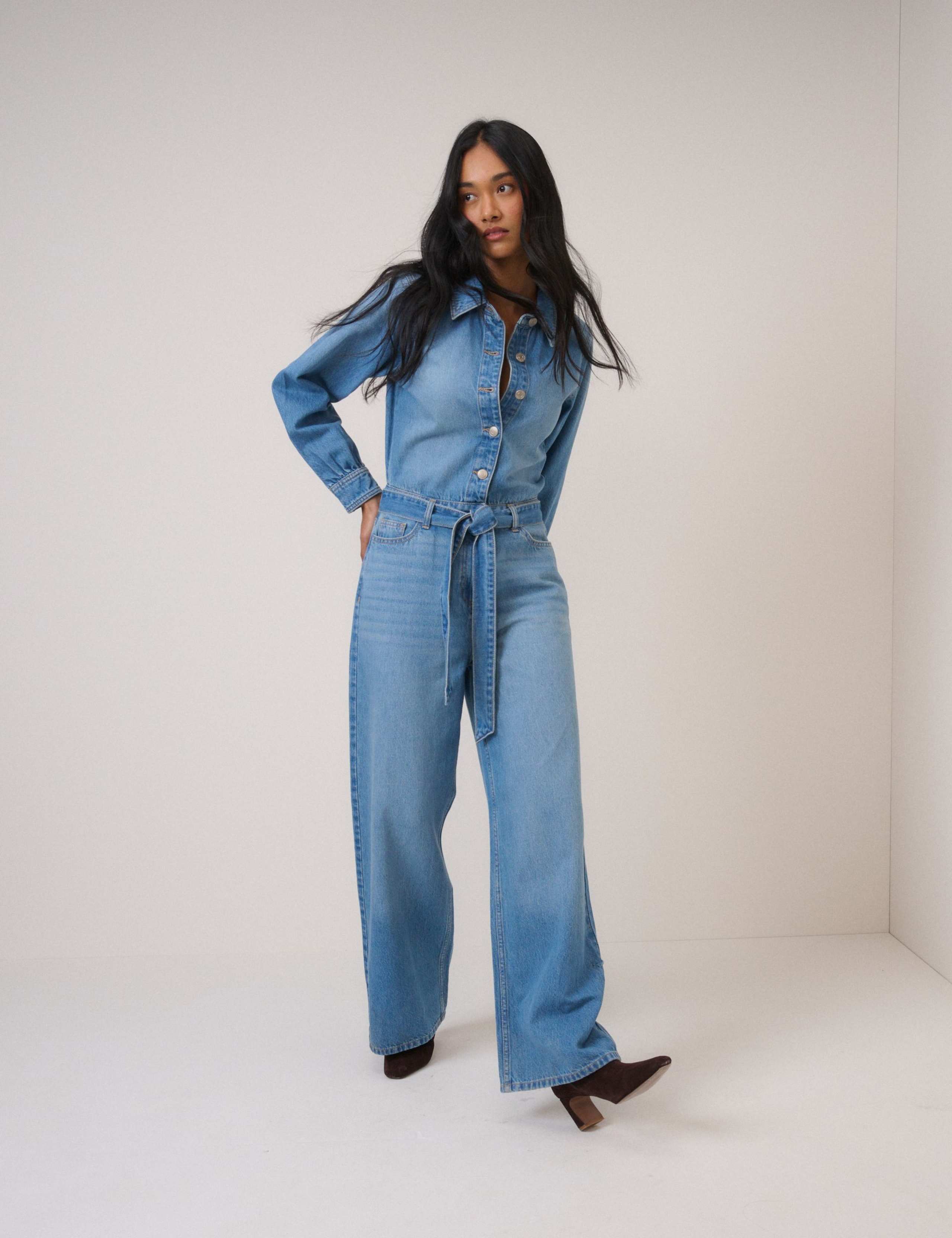 Denim Button Front Long Sleeve Jumpsuit 3 of 5
