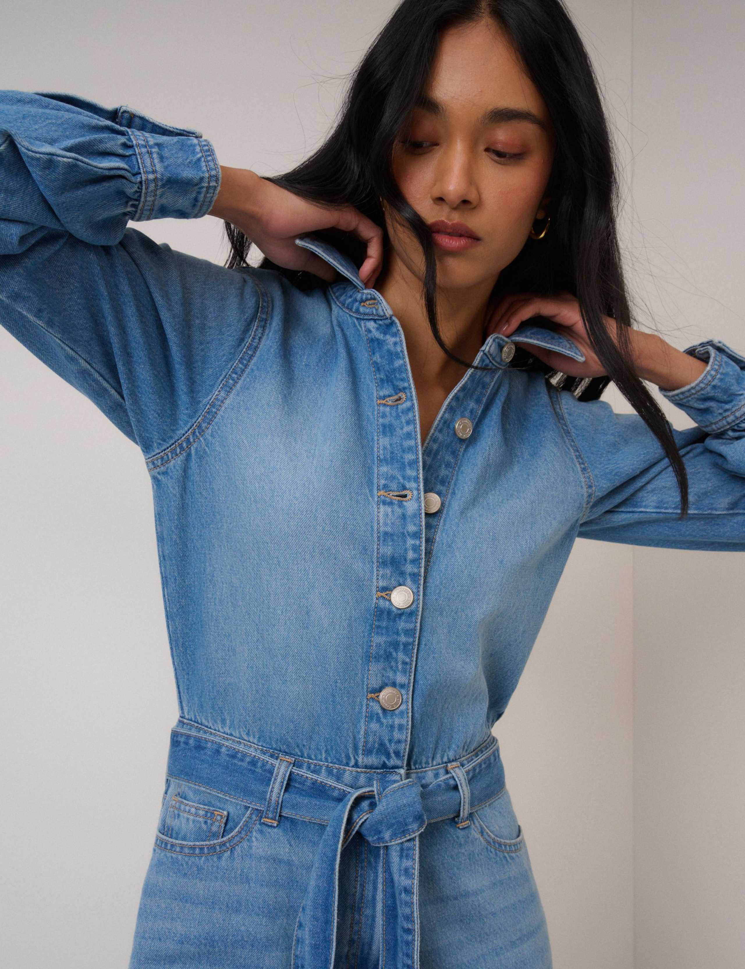 Denim Button Front Long Sleeve Jumpsuit 5 of 5