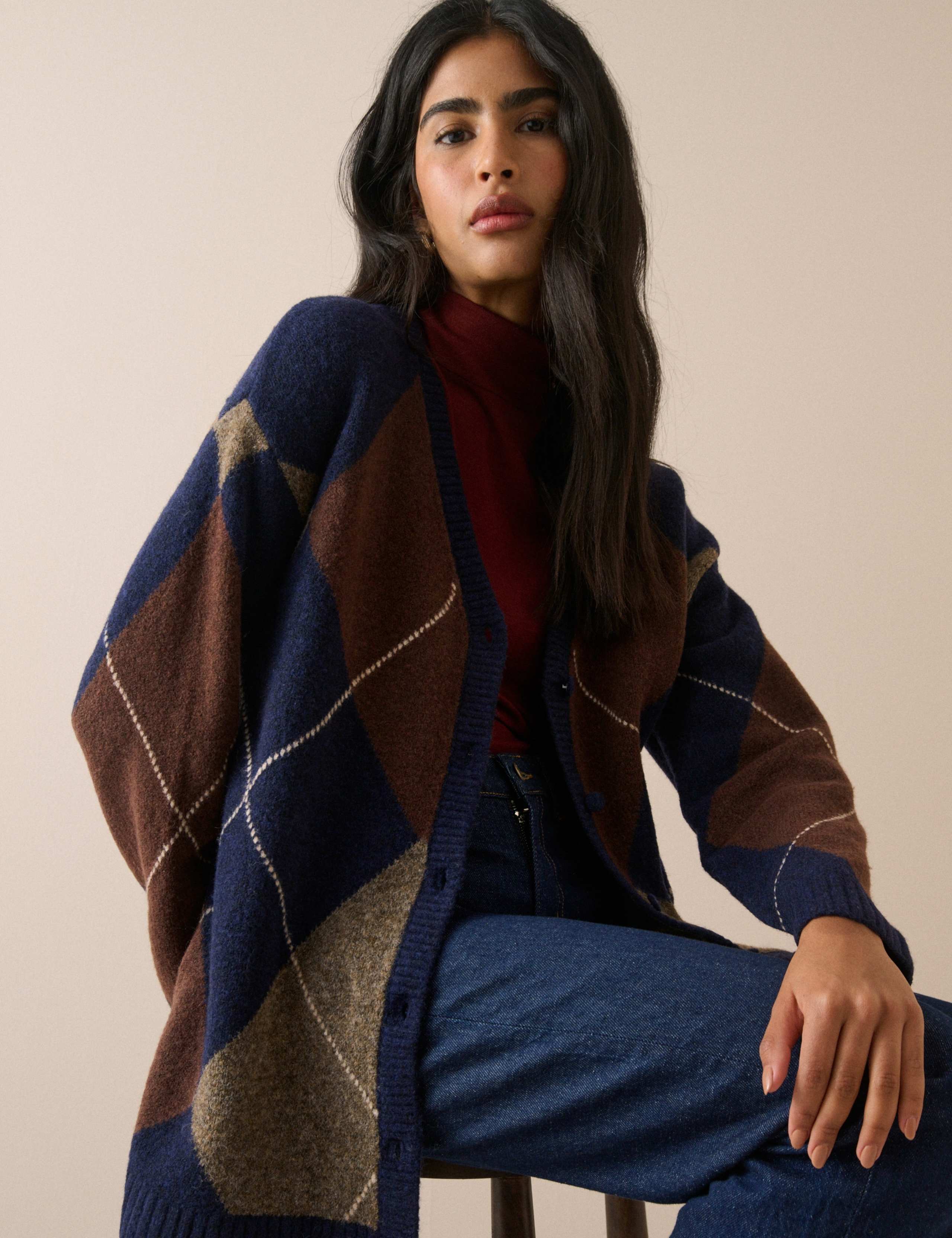 Argyle V-Neck Longline Cardigan with Wool 2 of 4