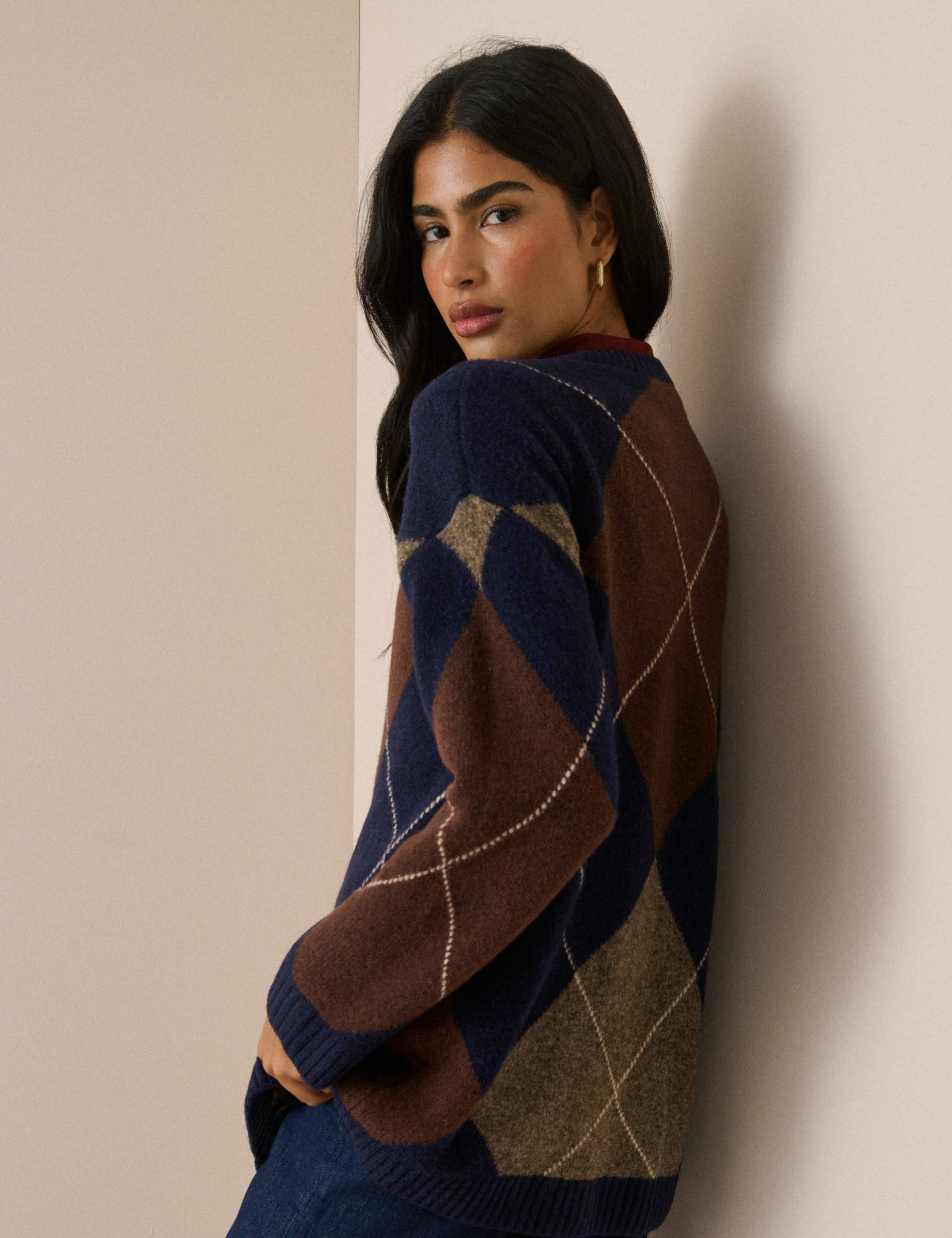 Argyle V-Neck Longline Cardigan with Wool 3 of 4