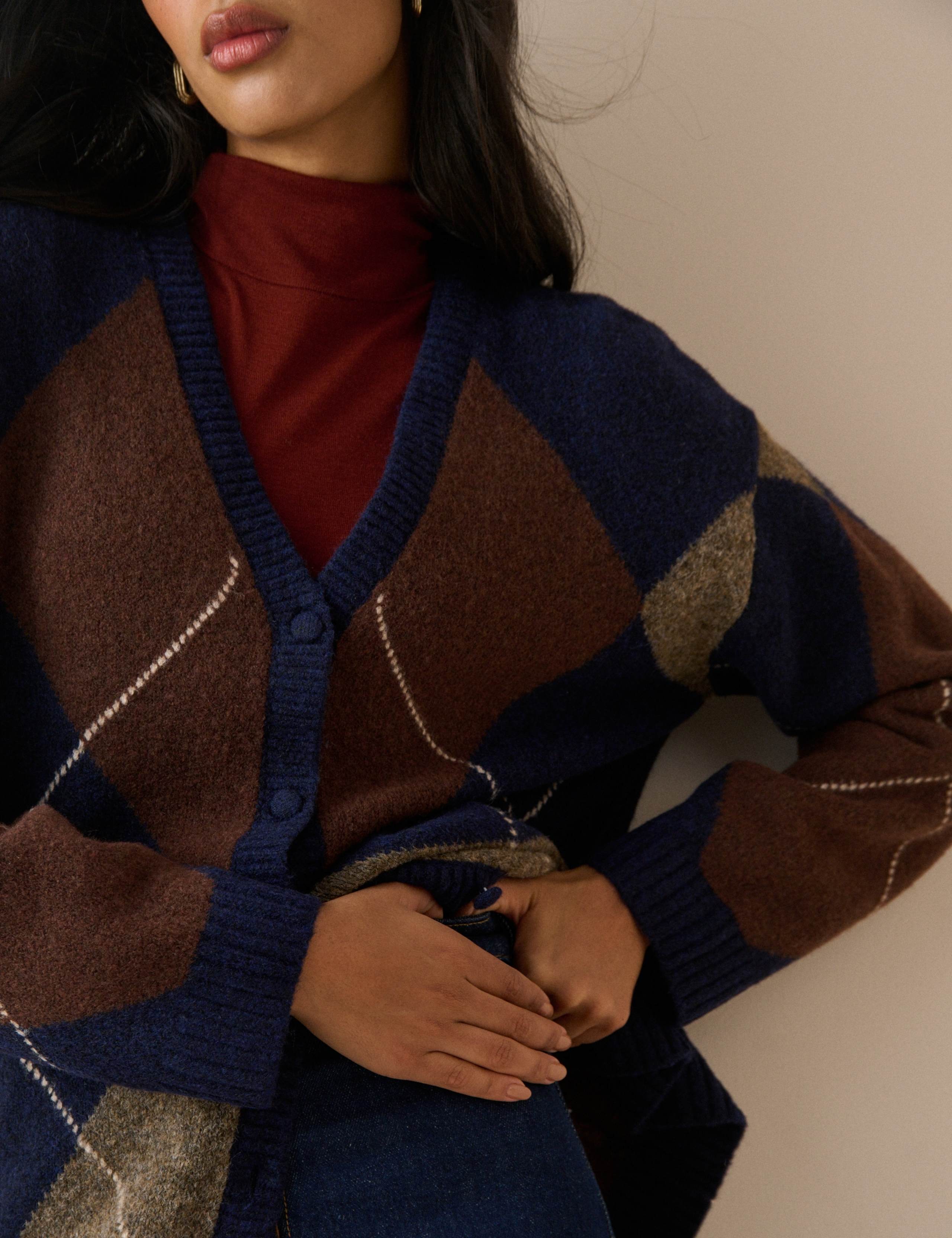 Argyle V-Neck Longline Cardigan with Wool 4 of 4