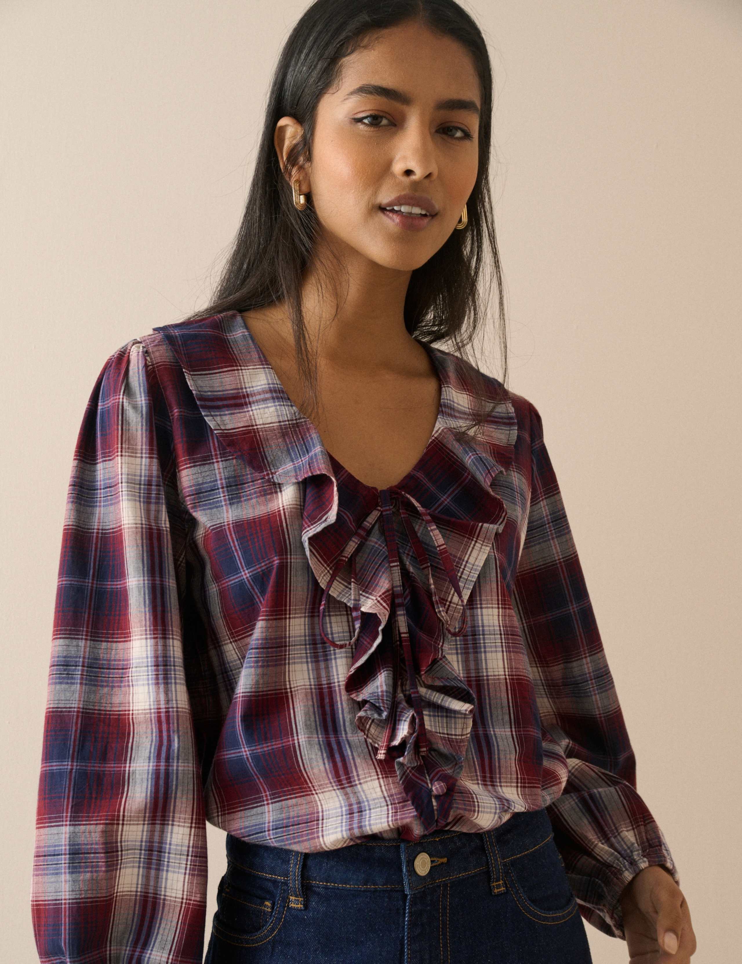 Checked V-Neck Frill Detail Blouse 1 of 5