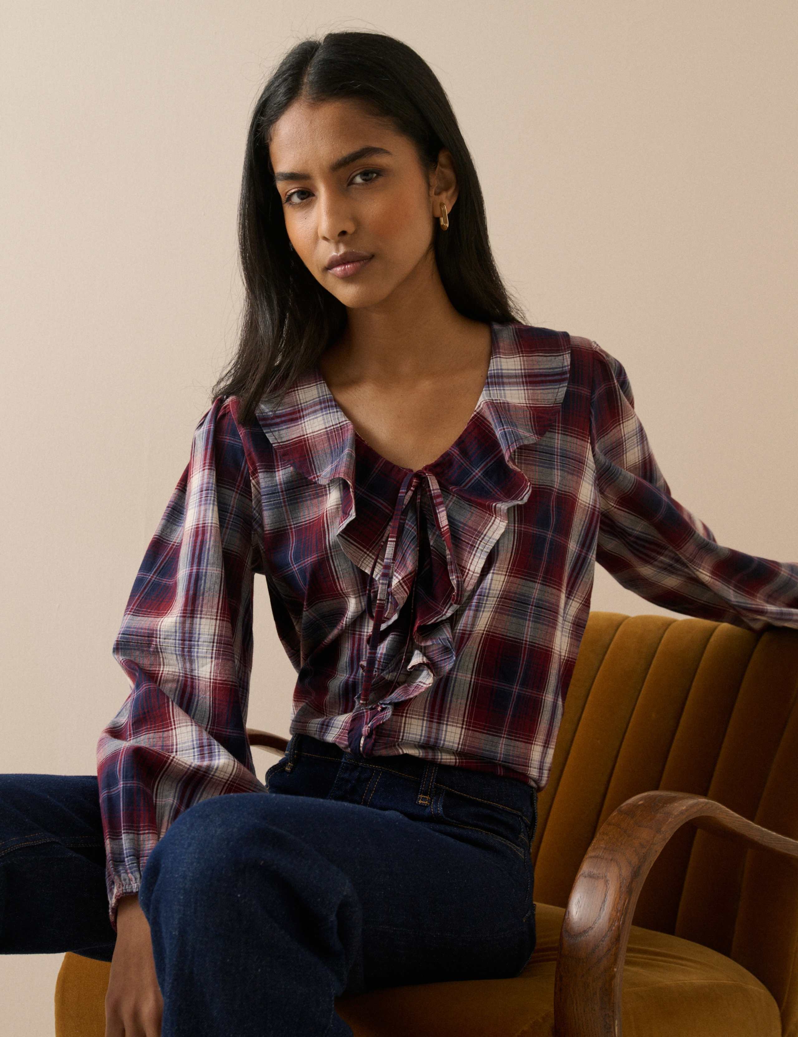 Checked V-Neck Frill Detail Blouse 3 of 5