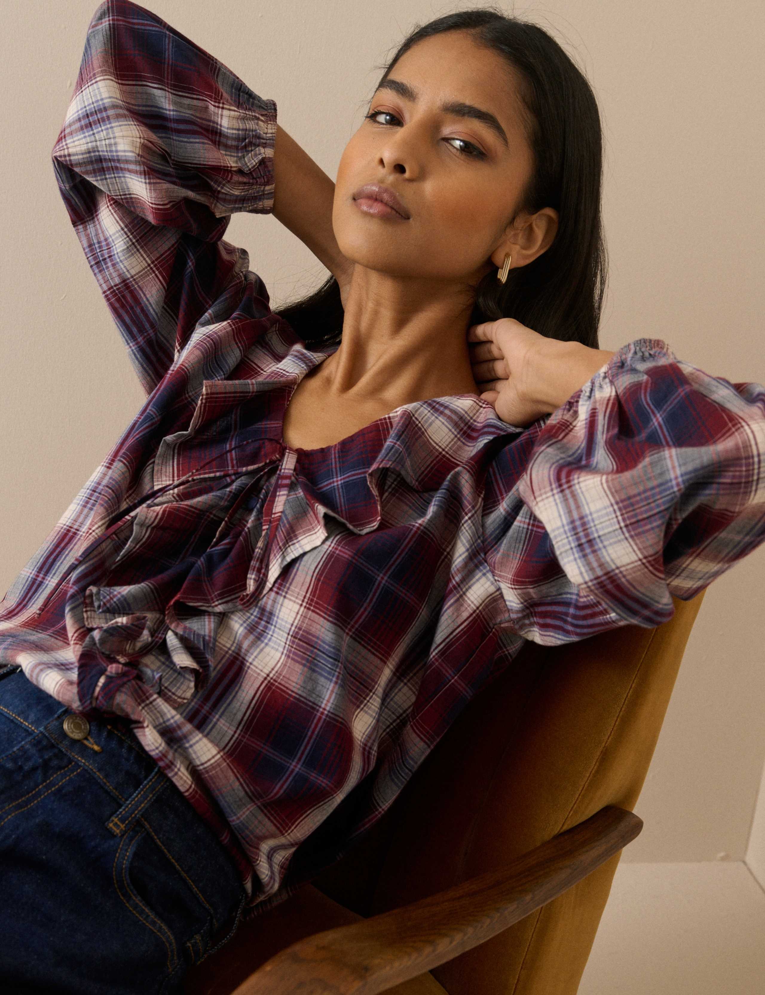 Checked V-Neck Frill Detail Blouse 4 of 5