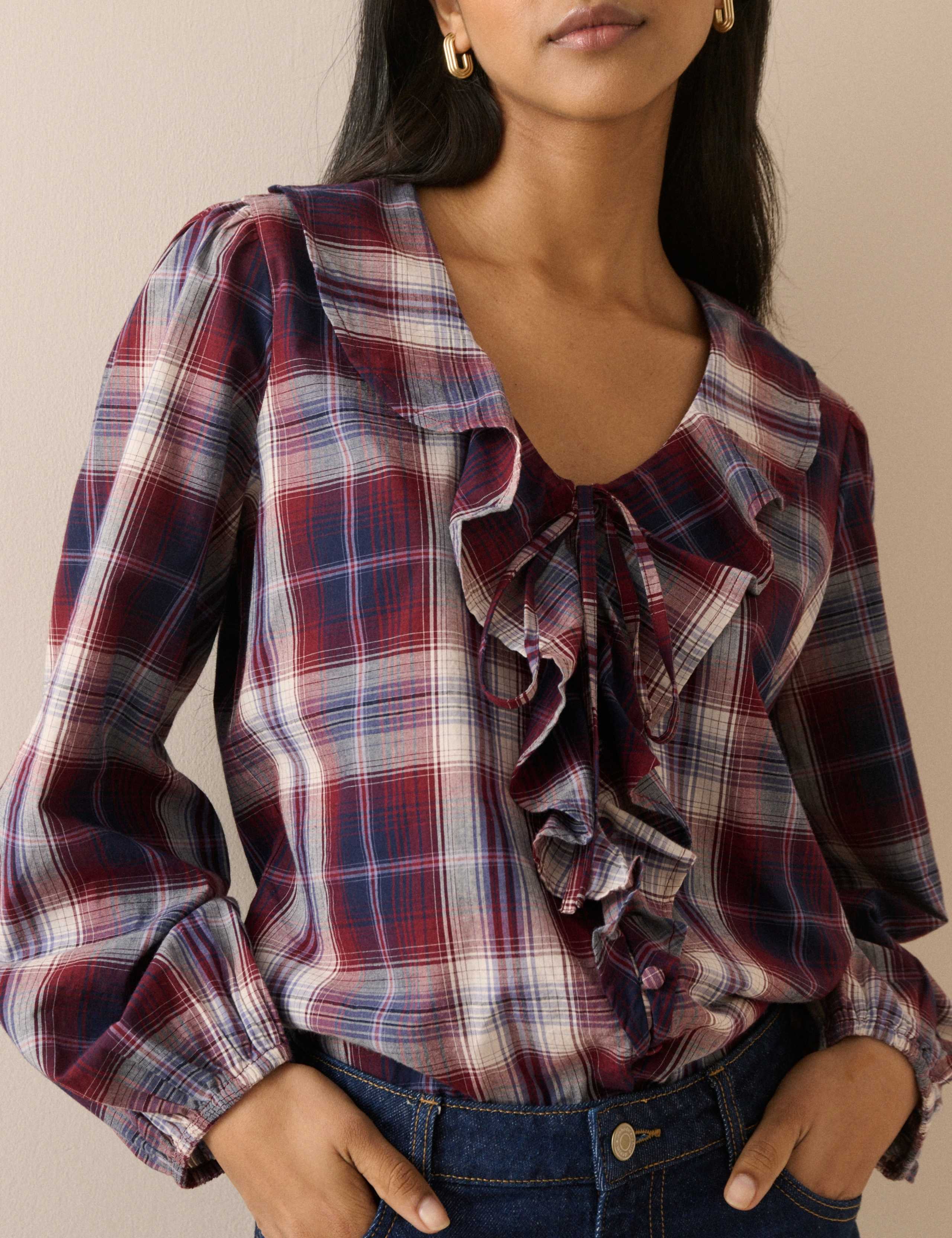Checked V-Neck Frill Detail Blouse 5 of 5