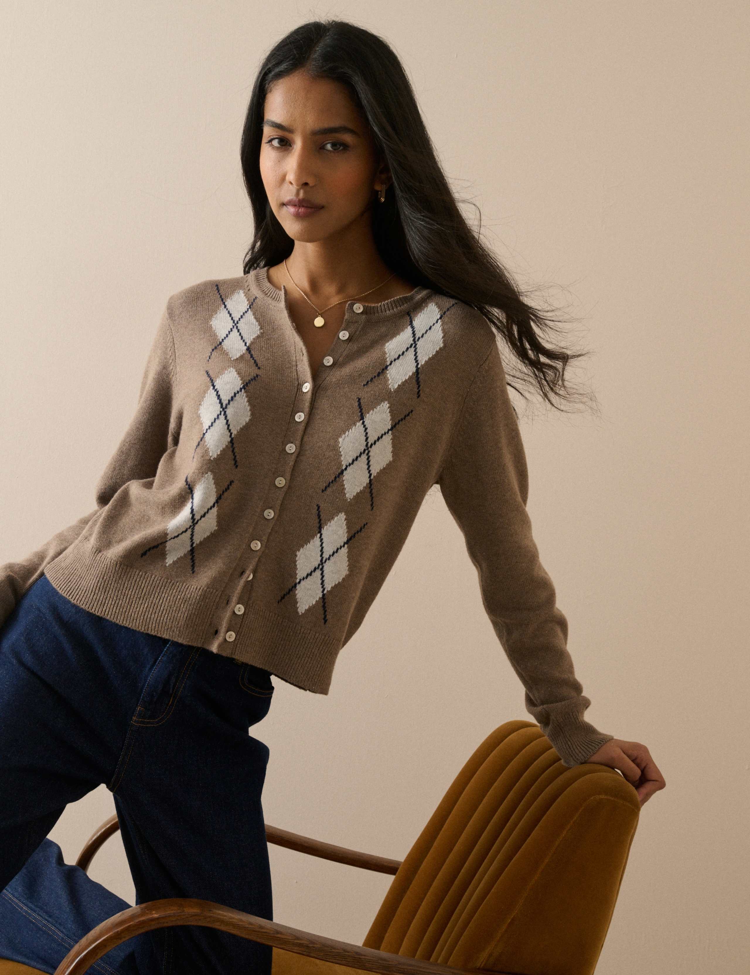 Cotton with Wool Argyle Crew Neck Cardigan 1 of 5