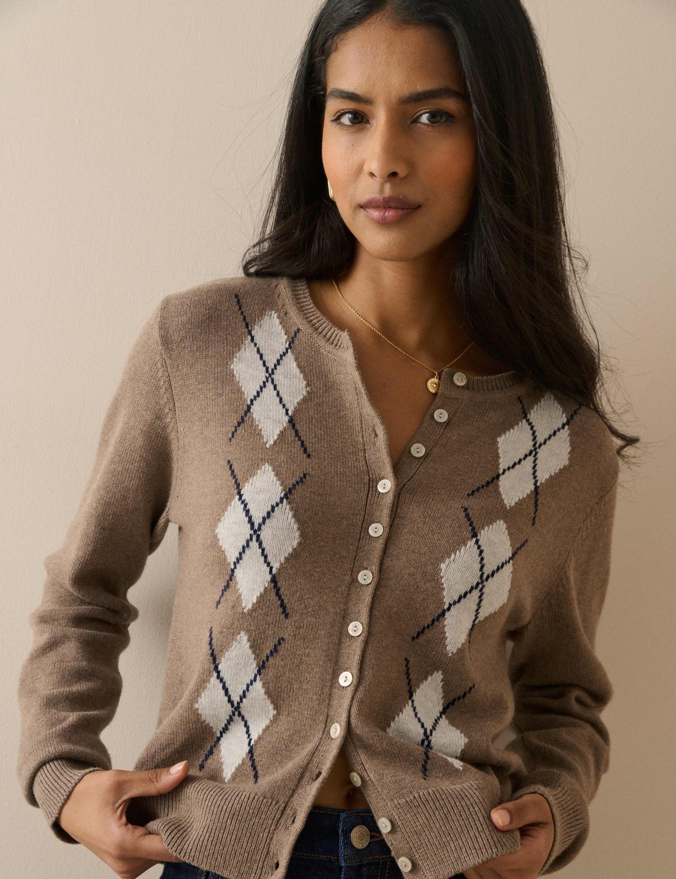 Cotton with Wool Argyle Crew Neck Cardigan 3 of 5