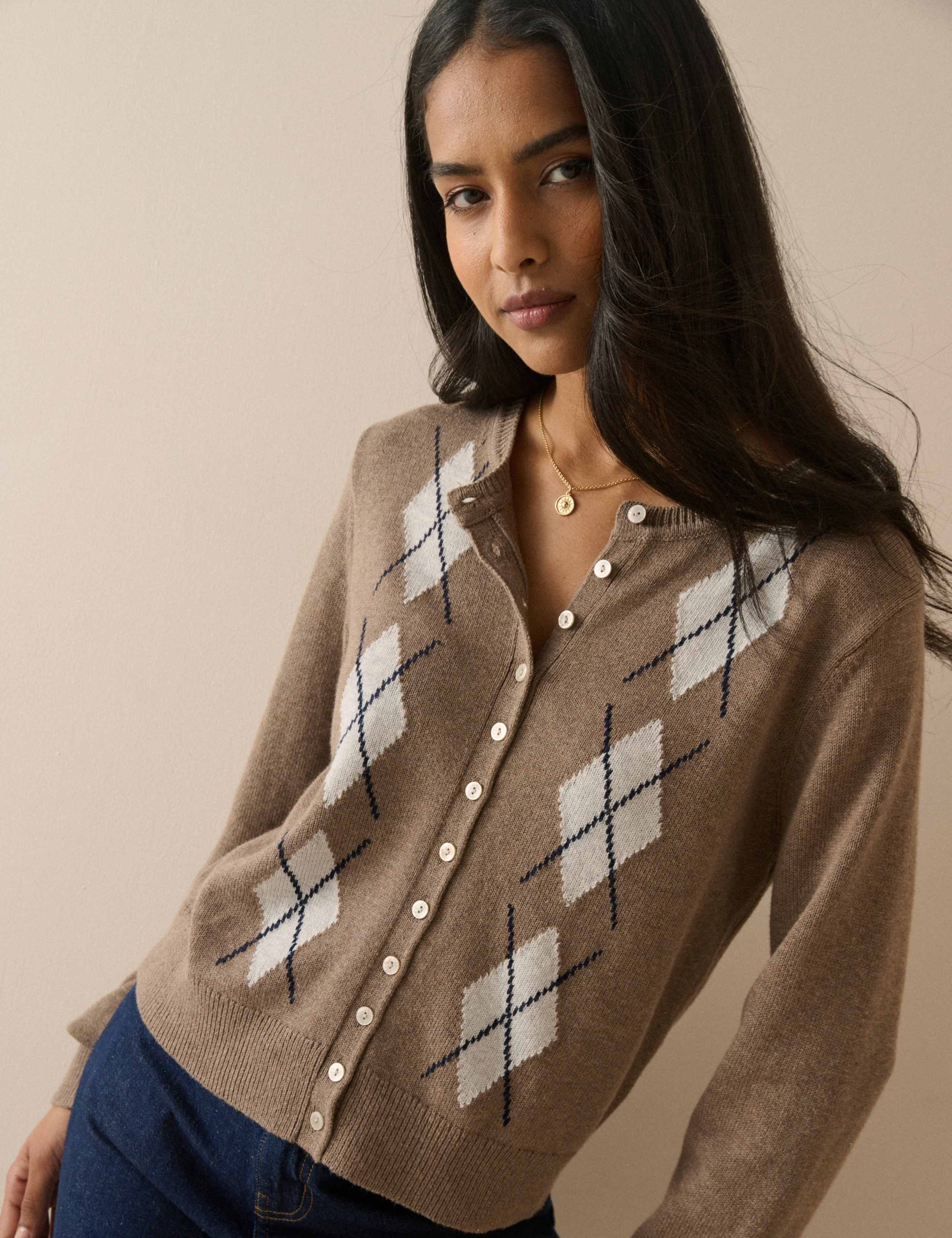Cotton with Wool Argyle Crew Neck Cardigan 4 of 5