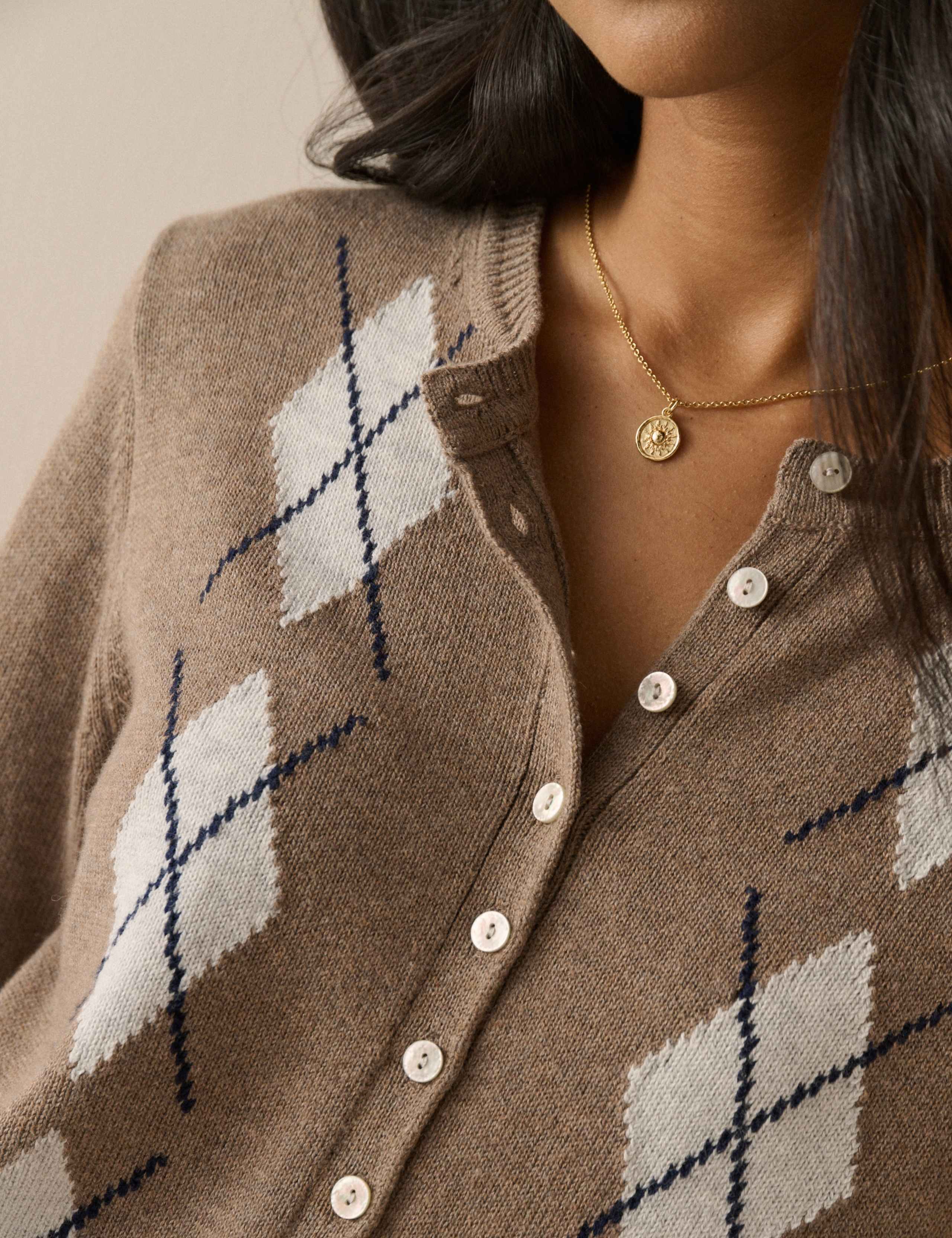 Cotton with Wool Argyle Crew Neck Cardigan 5 of 5