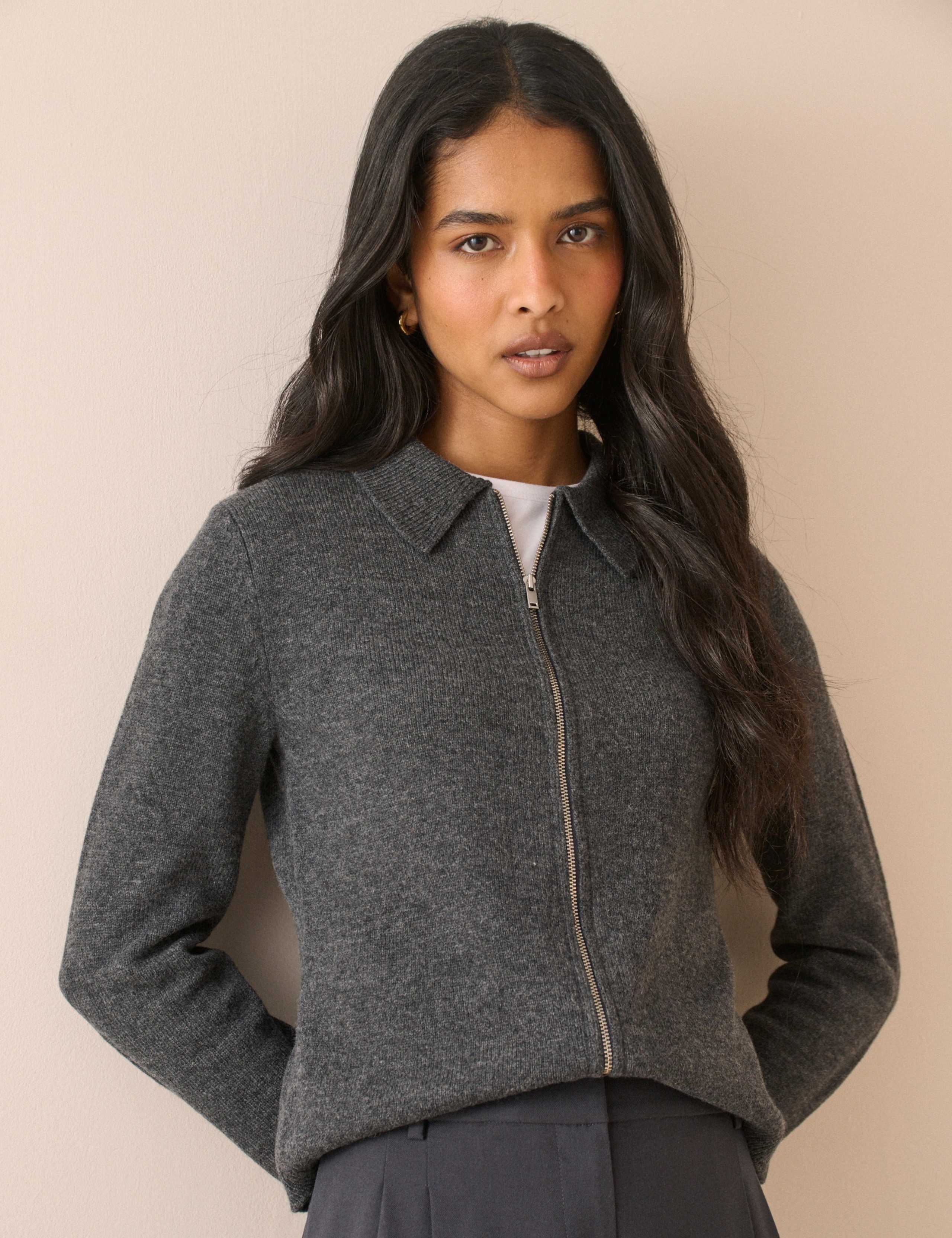 Pure Wool Collared Zip Through Cardigan 1 of 5