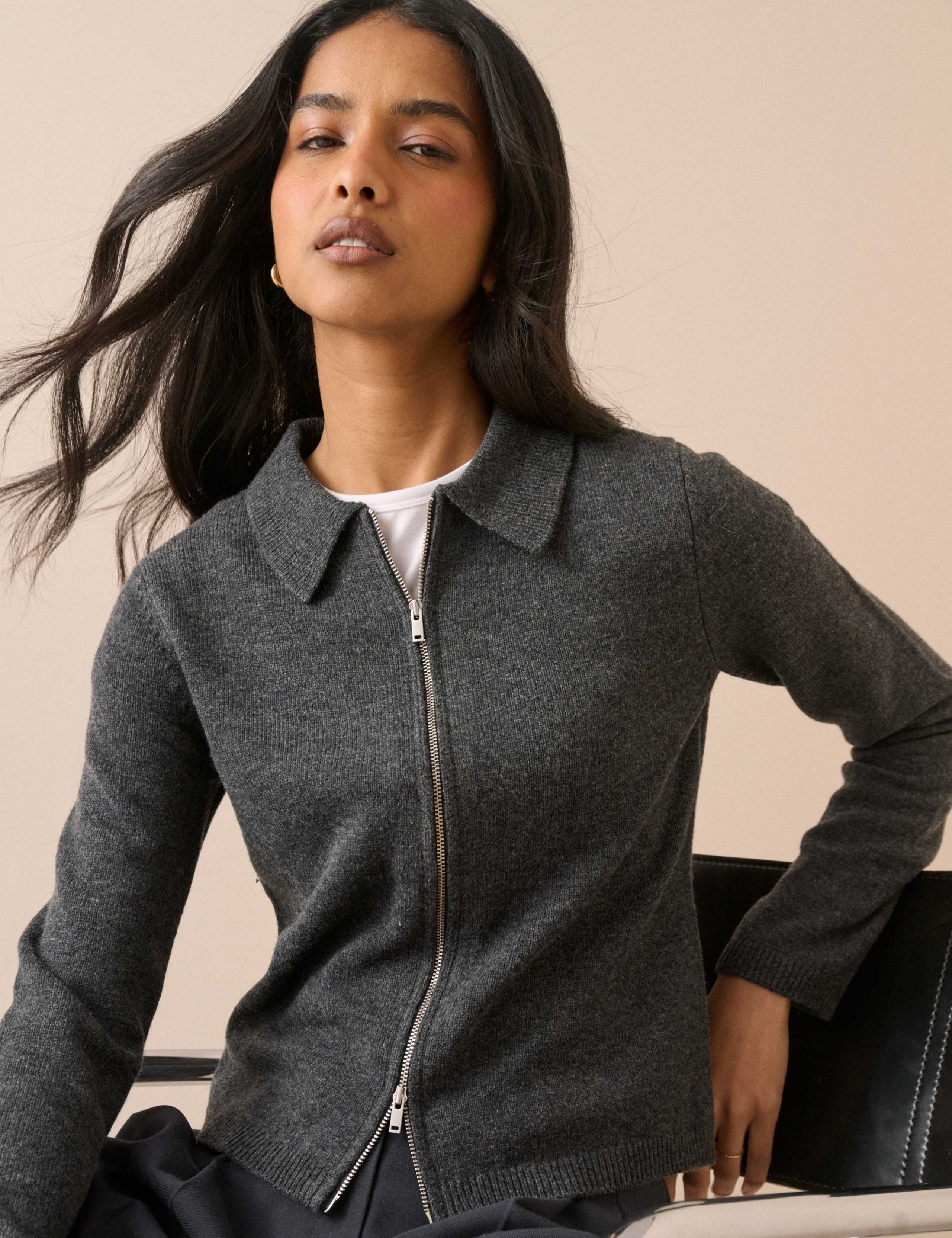Pure Wool Collared Zip Through Cardigan 2 of 5