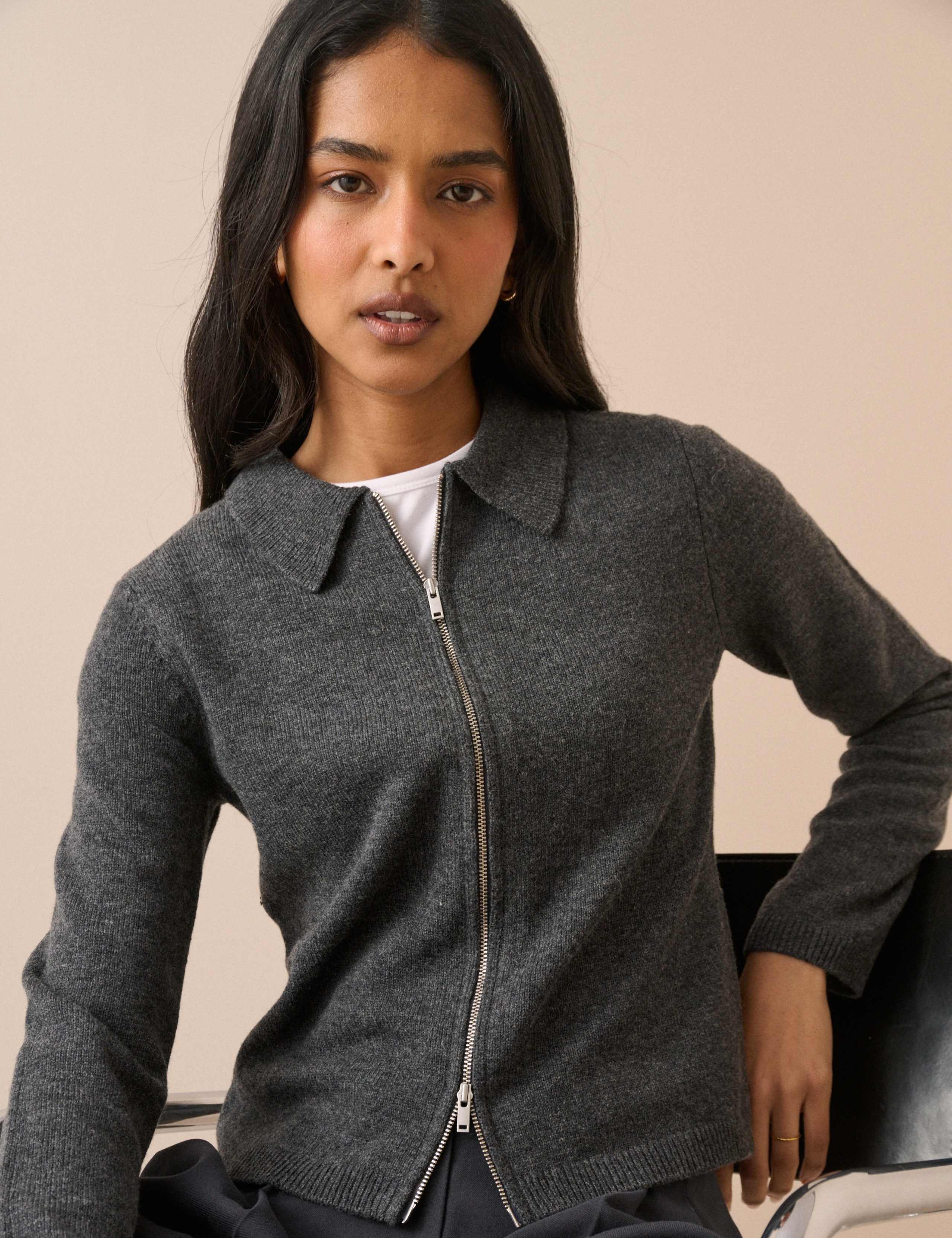 Pure Wool Collared Zip Through Cardigan 3 of 5