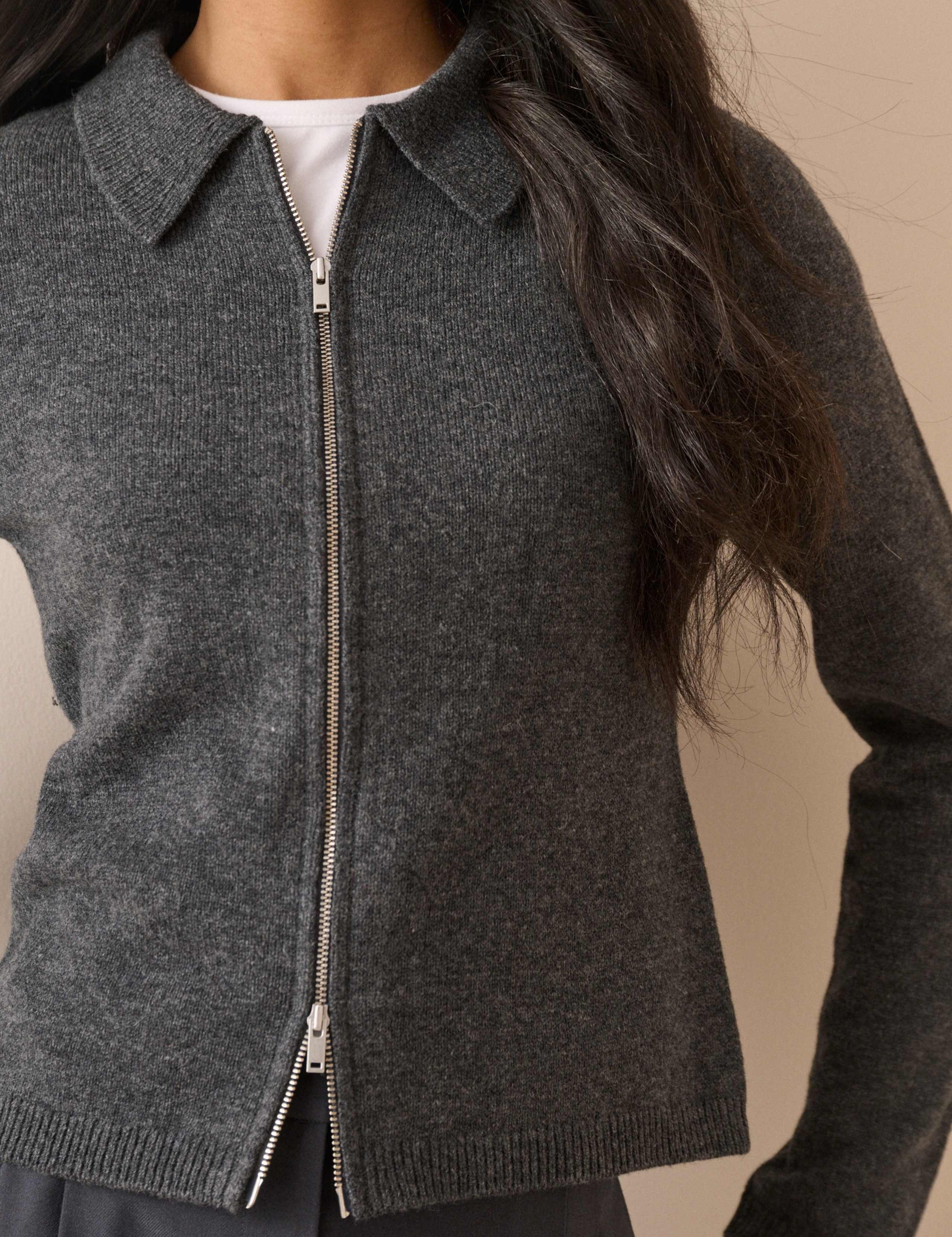 Pure Wool Collared Zip Through Cardigan 5 of 5
