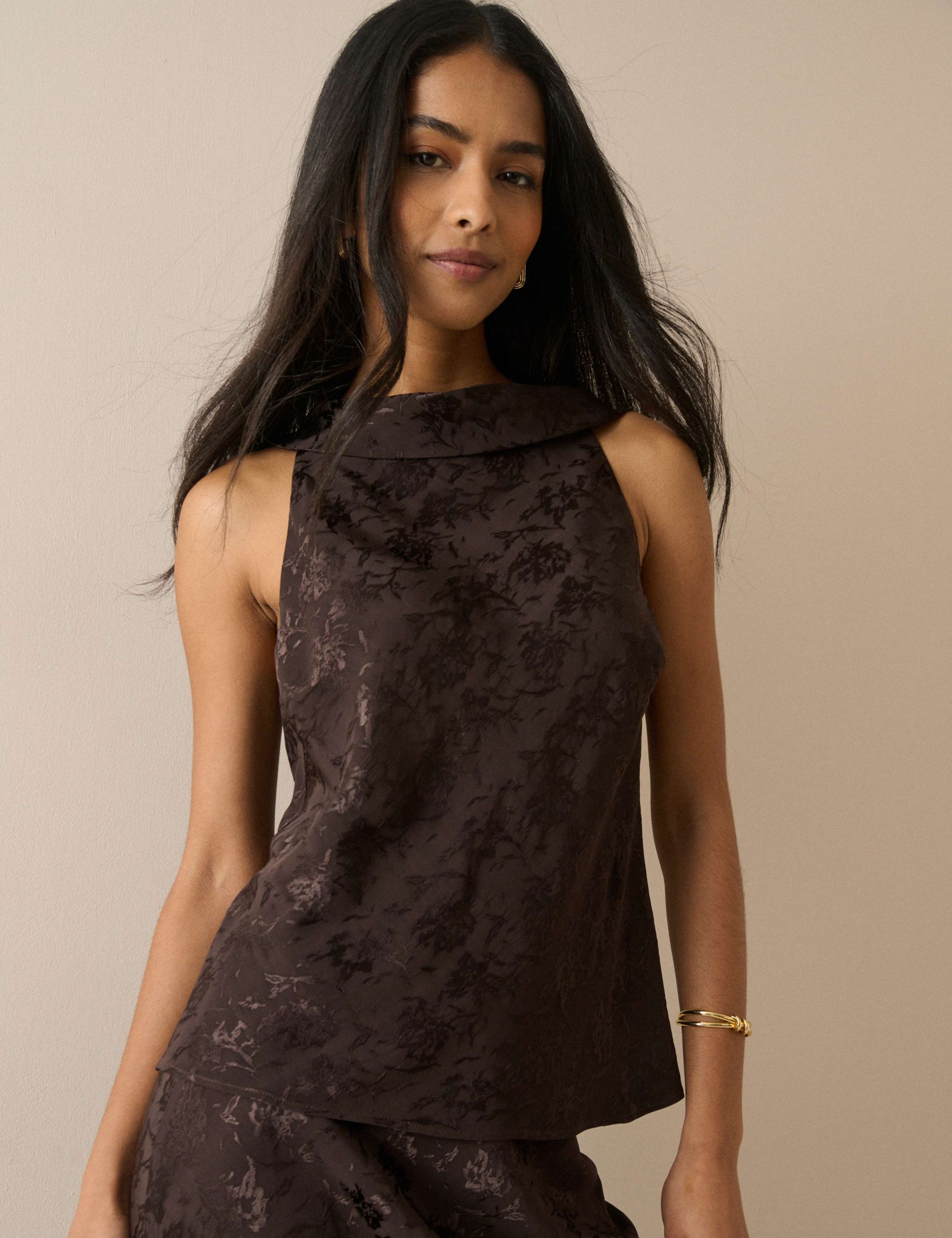 Satin Leaf Print High Neck Tie Detail Blouse 1 of 5