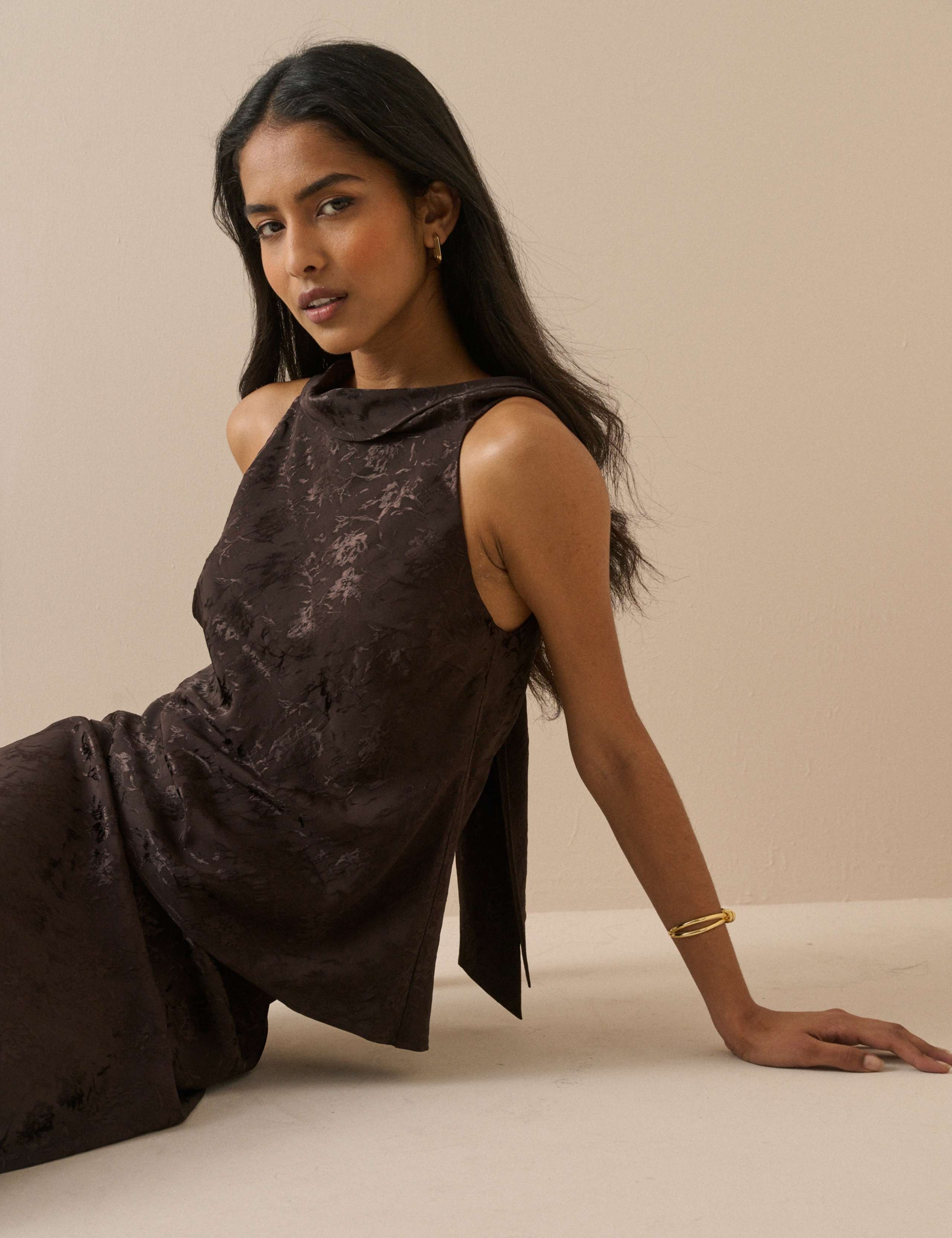 Satin Leaf Print High Neck Tie Detail Blouse 4 of 5