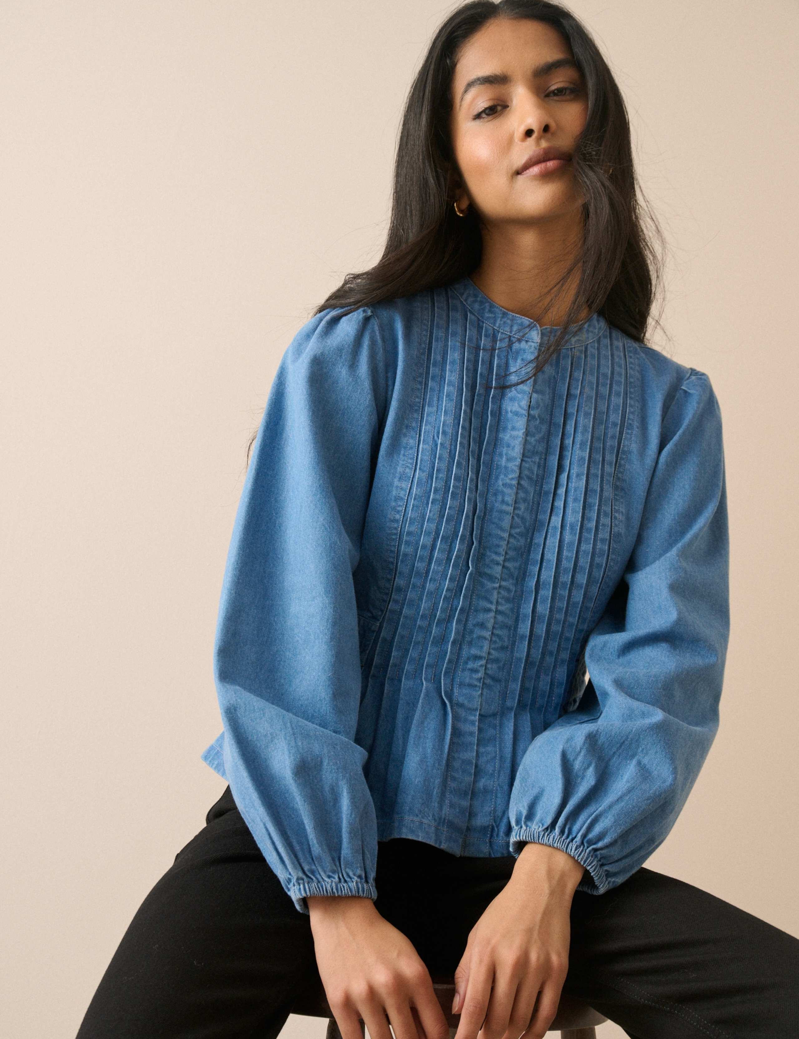 Denim Pintuck Blouse 3 of 5
