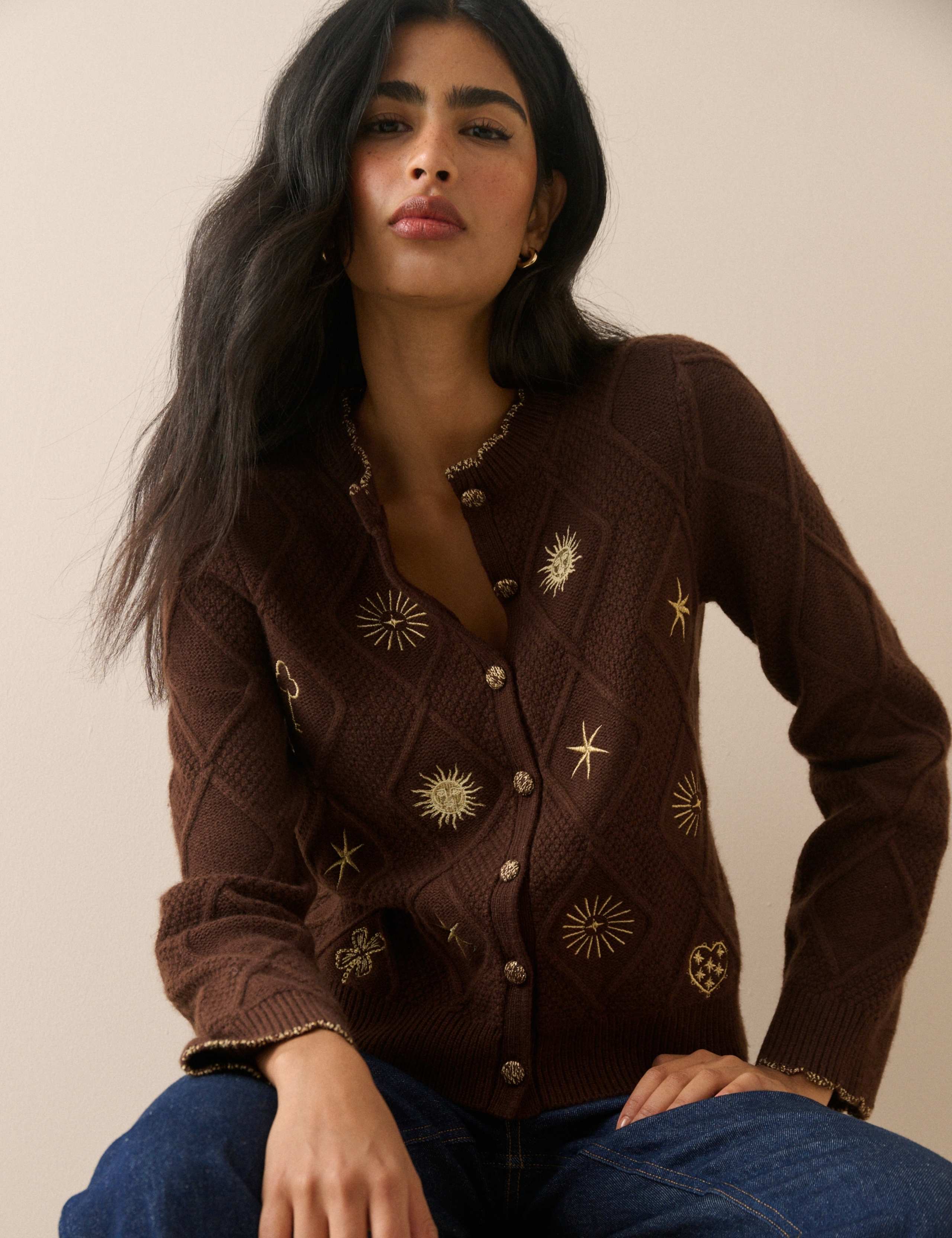 Wool Blend Embroidered Cable Knit Cardigan 3 of 5