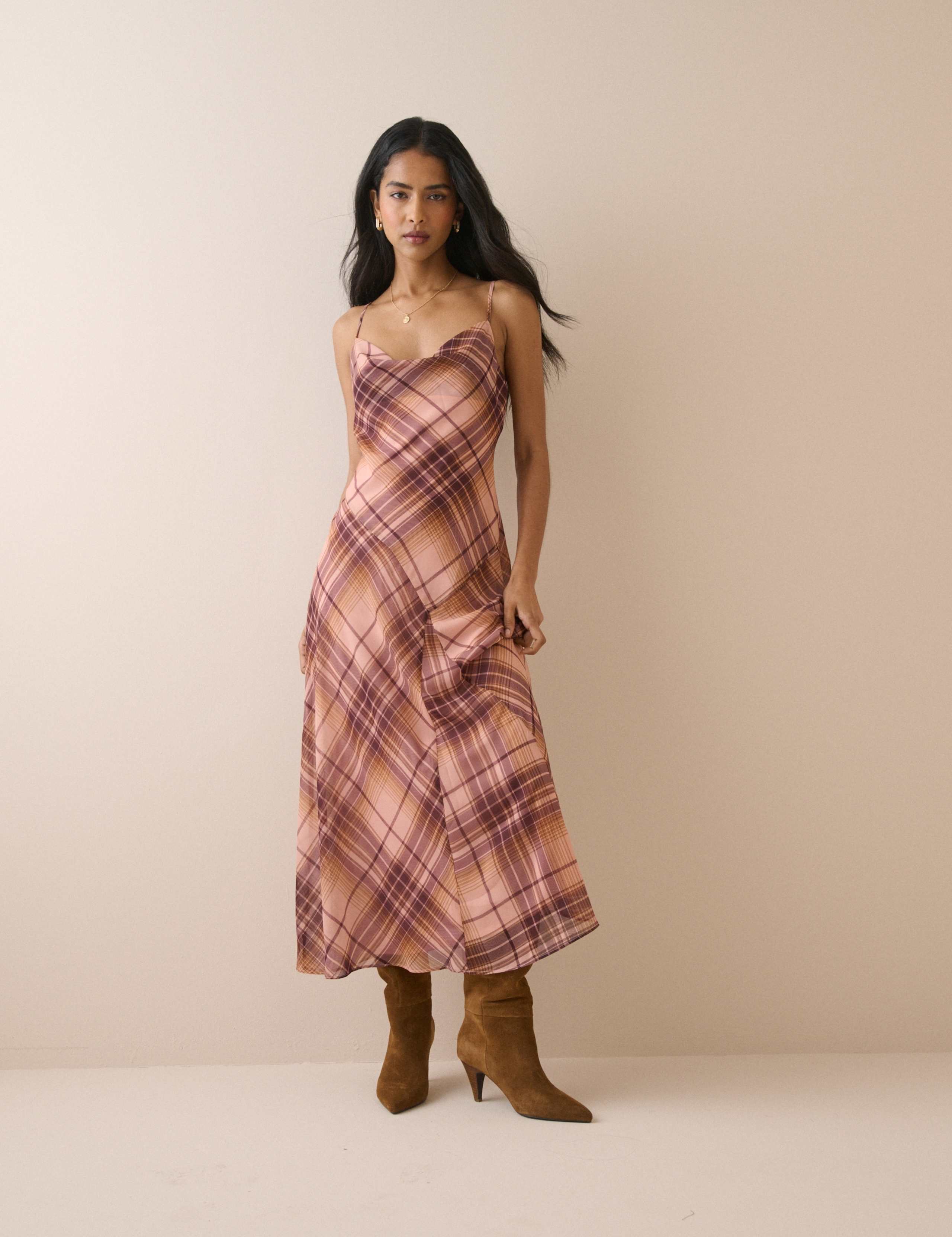 Checked Cowl Neck Midi Slip Dress 1 of 5